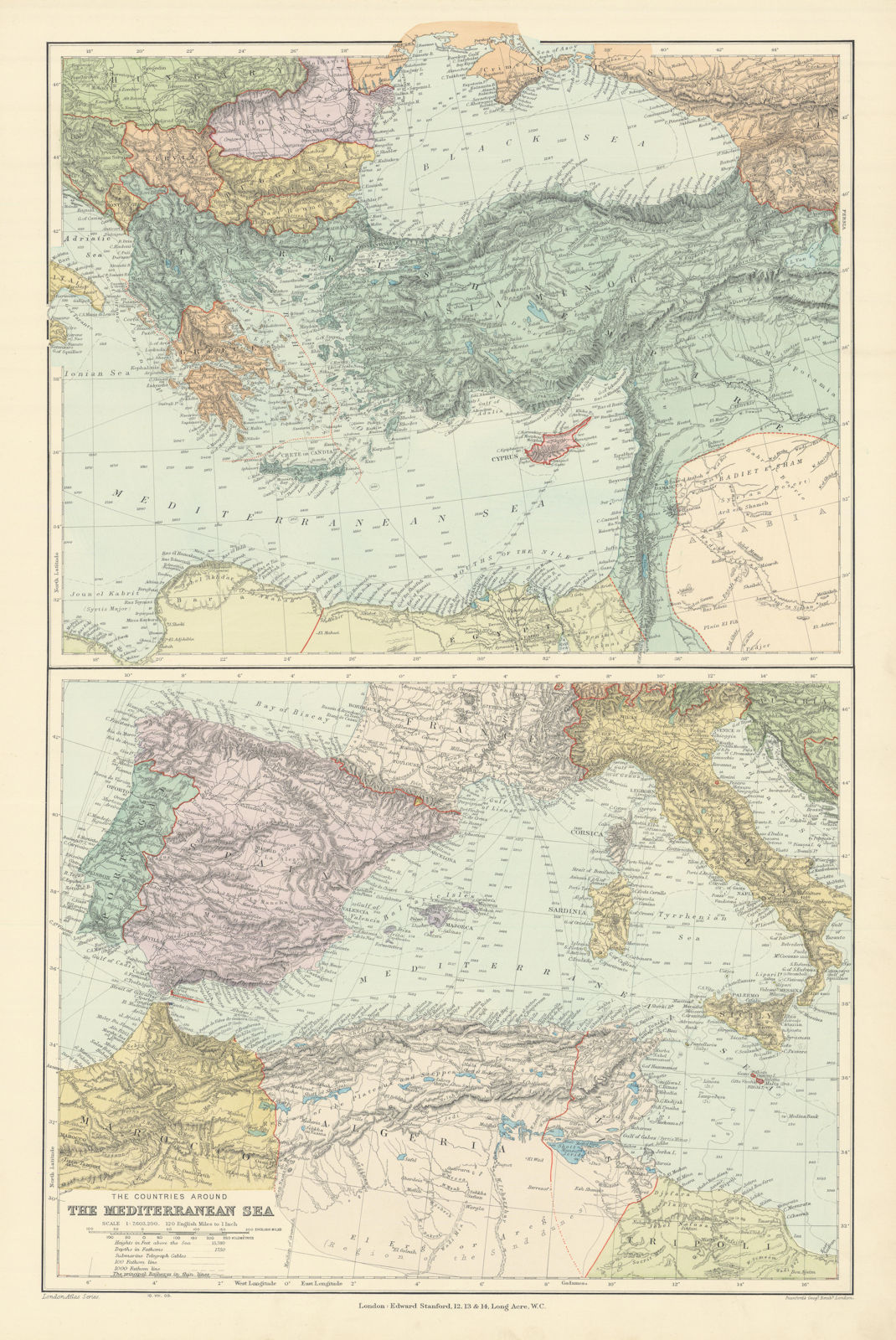 Associate Product Countries round the Mediterranean. Soundings Telegraph cables. STANFORD 1904 map