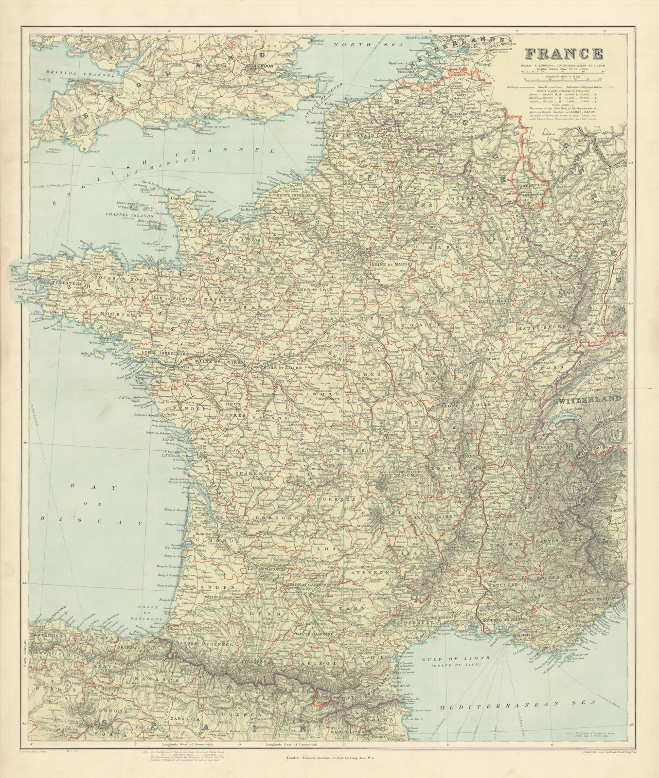France in departements without Alsace Lorraine. Large 65x54cm. STANFORD 1904 map