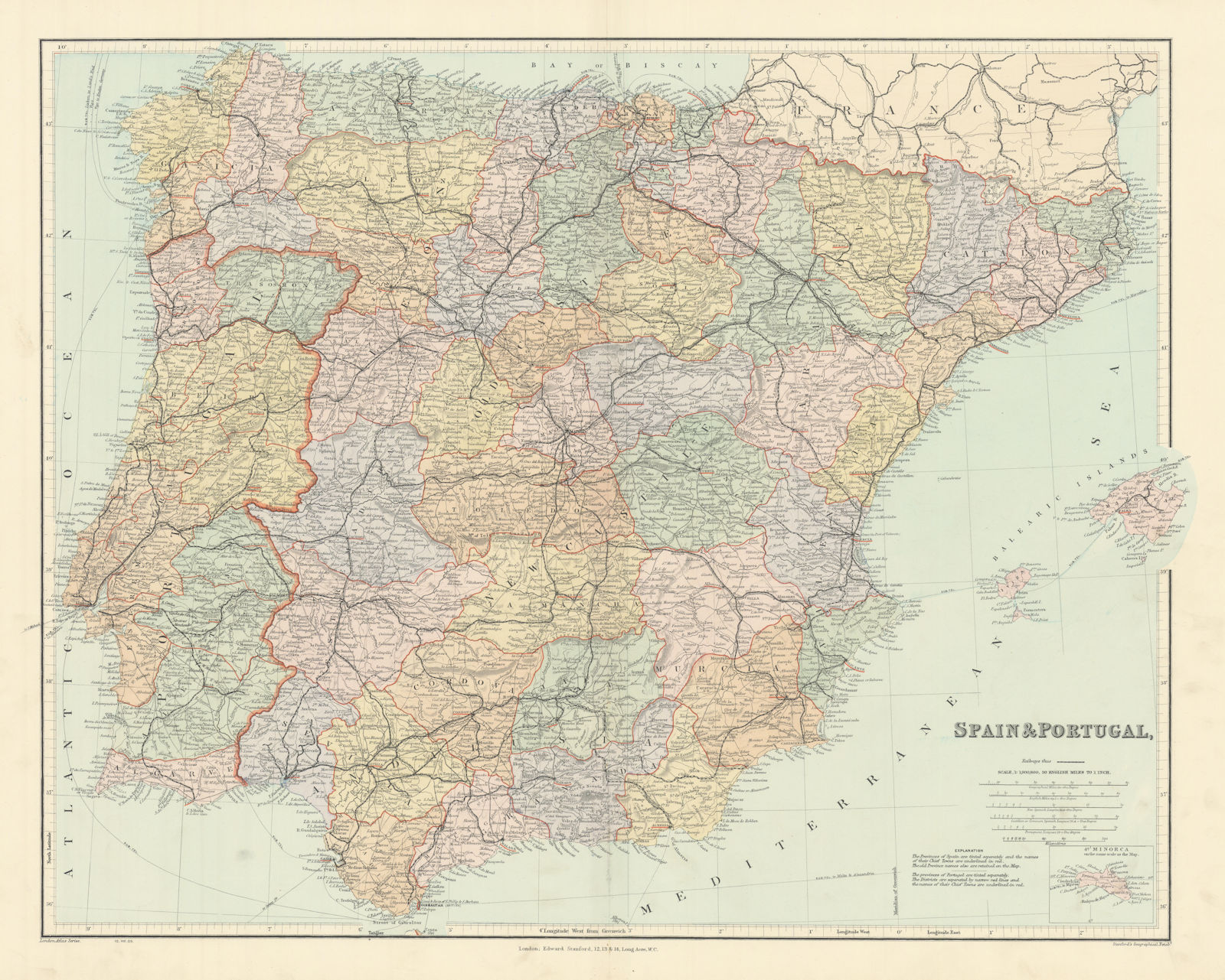 Associate Product Spain & Portugal. Iberia. Railways. Large 52x65cm. STANFORD 1904 old map