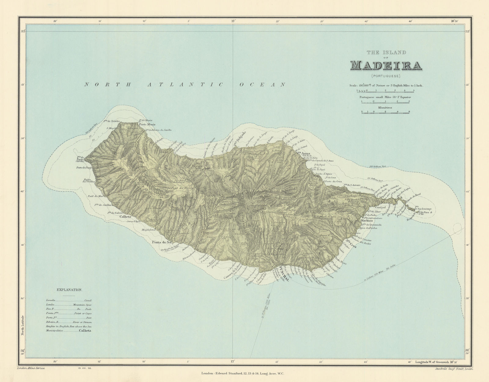The Island Of Madeira. Rivers Mountains. STANFORD 1904 old antique map chart