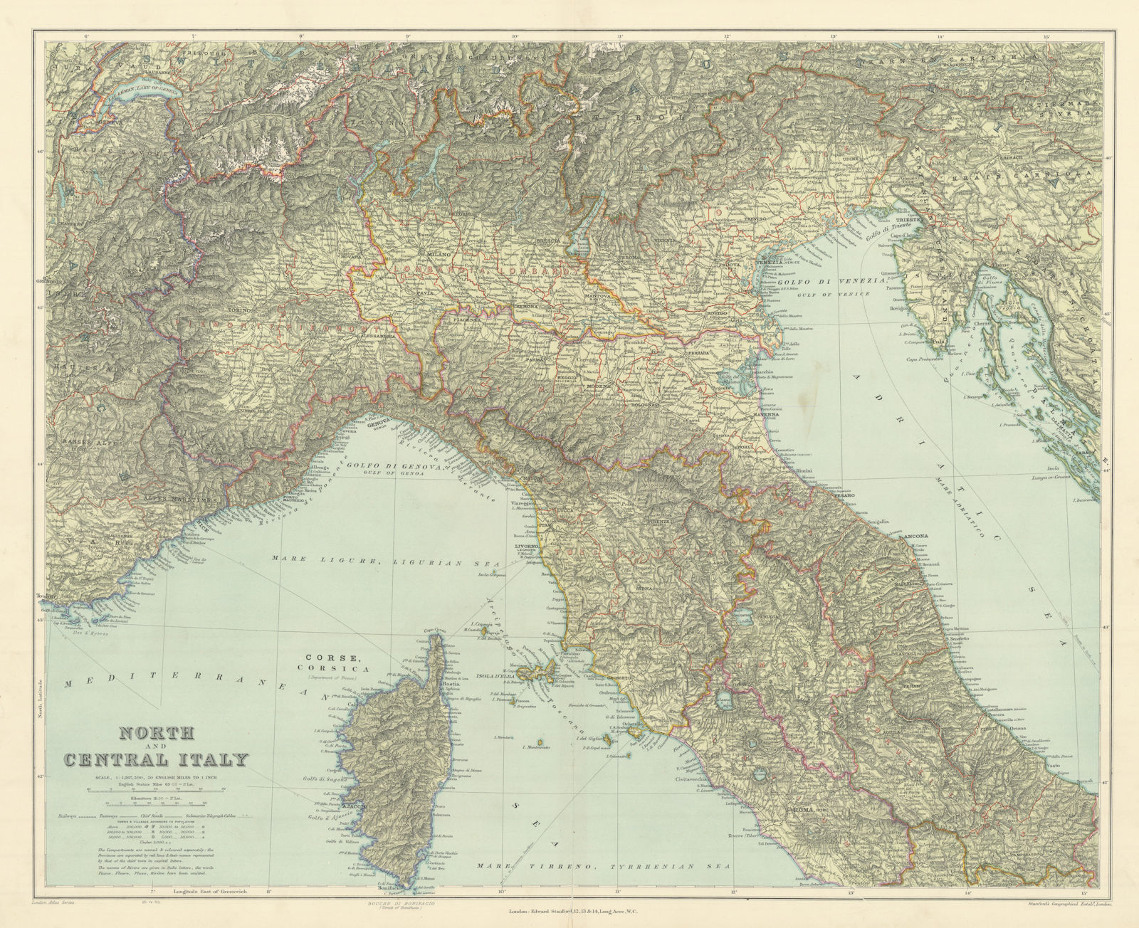 North Italy. w/o Trieste Tyrol. Lombardy Piedmont Veneto &c. STANFORD 1904 map