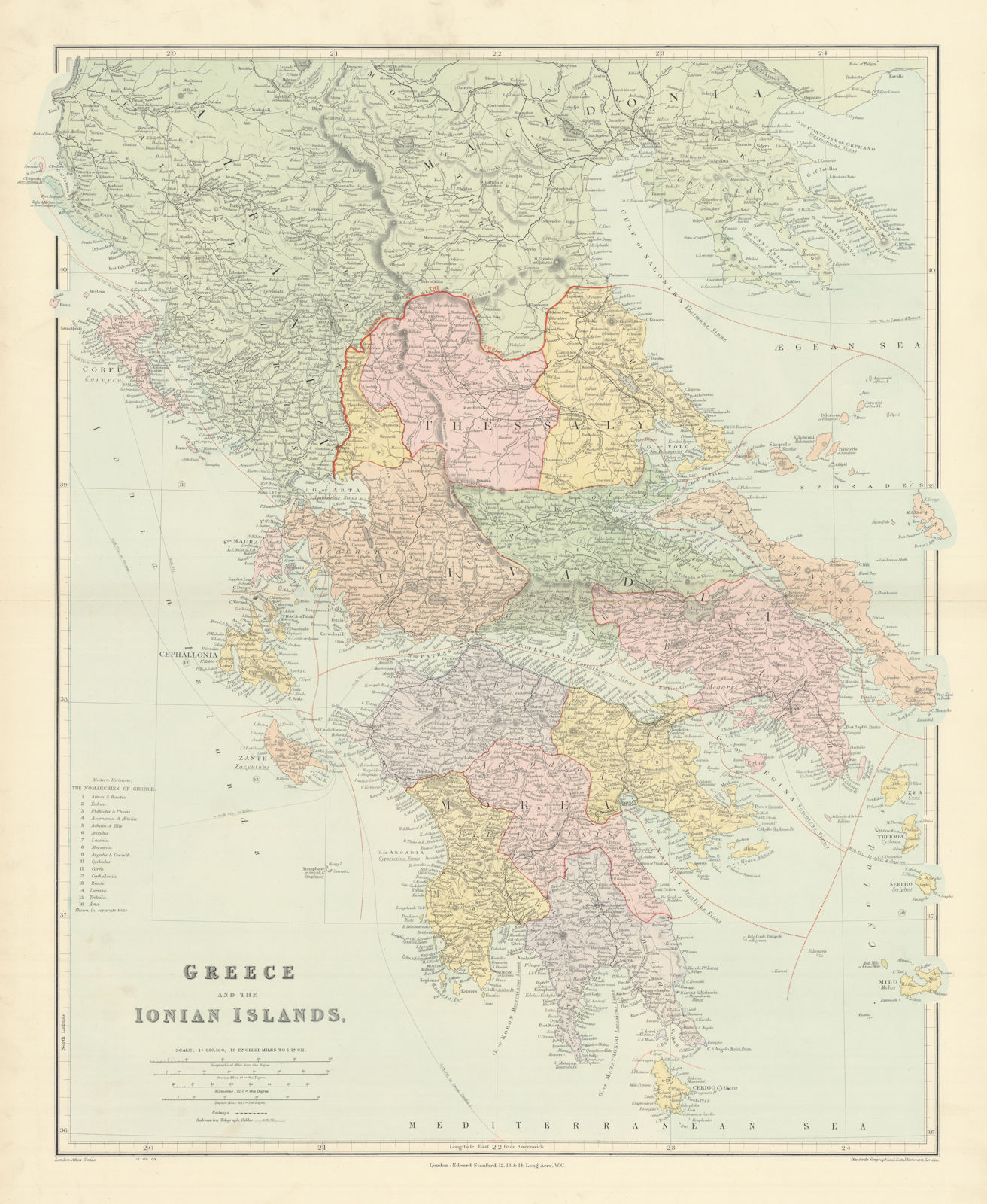 Associate Product Greece. Nomarchies. Ionian Sporades Cyclades Morea Livadia. STANFORD 1904 map