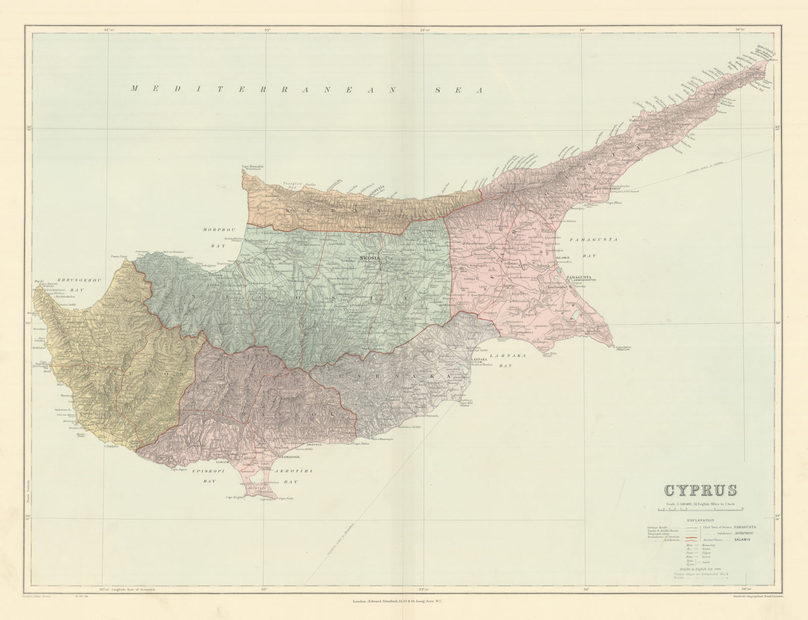 Cyprus. Districts. Ancient sites. Large 51x66cm. STANFORD 1904 old antique map