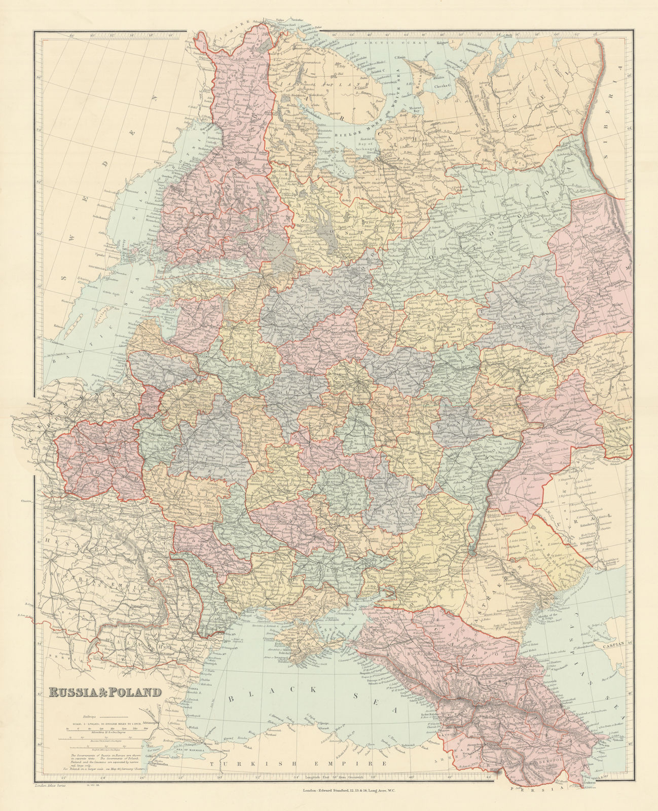 Russia & Poland. Caucasus. Republics krais oblasts railways. STANFORD 1904 map