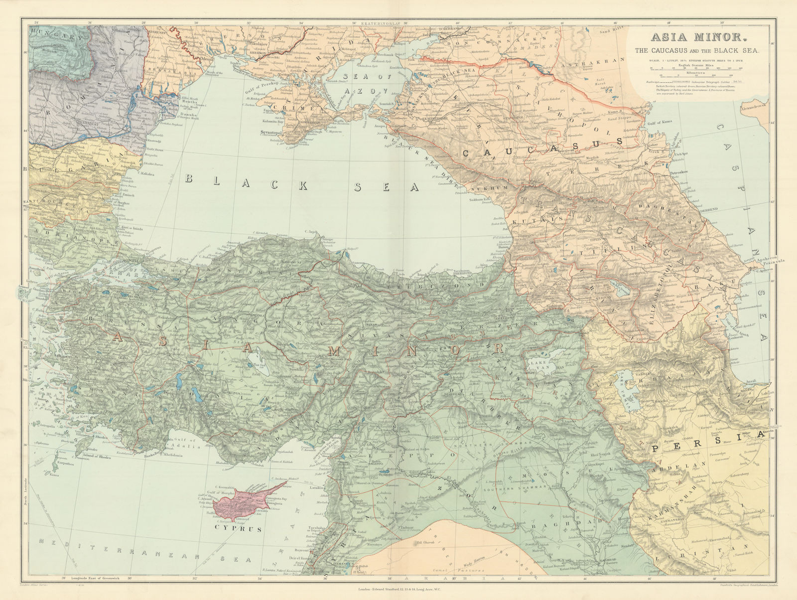 Asia Minor Caucasus & Black Sea. Turkey Syria Georgia Armenia. STANFORD 1904 map