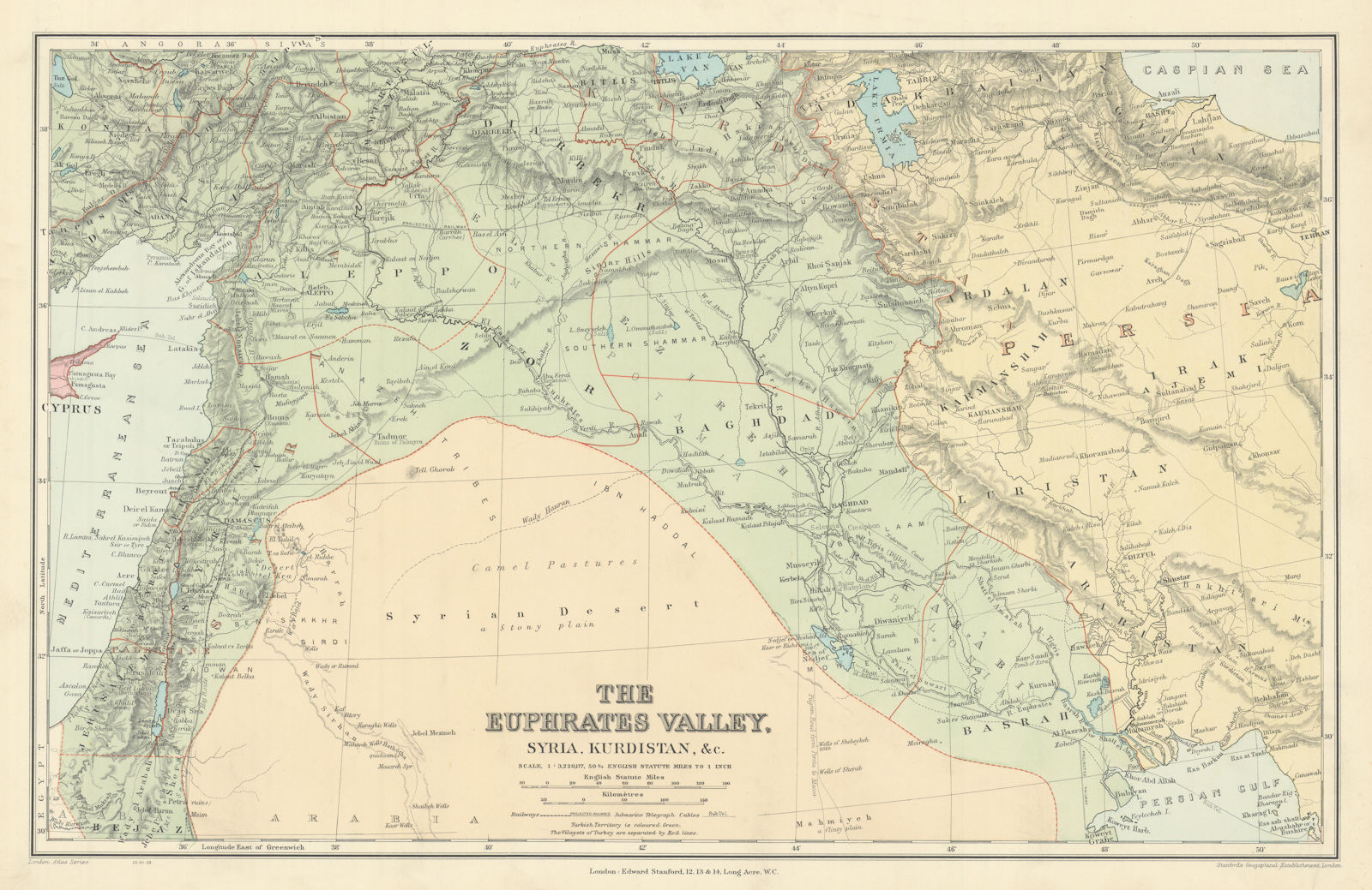Euphrates Valley Syria Kurdistan Levant Iraq Persia Palestine. STANFORD 1904 map