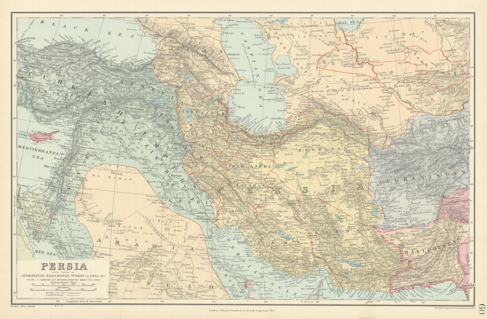 Persia, Afghanistan, Baluchistan, Turkey. South west Asia. STANFORD 1904 map
