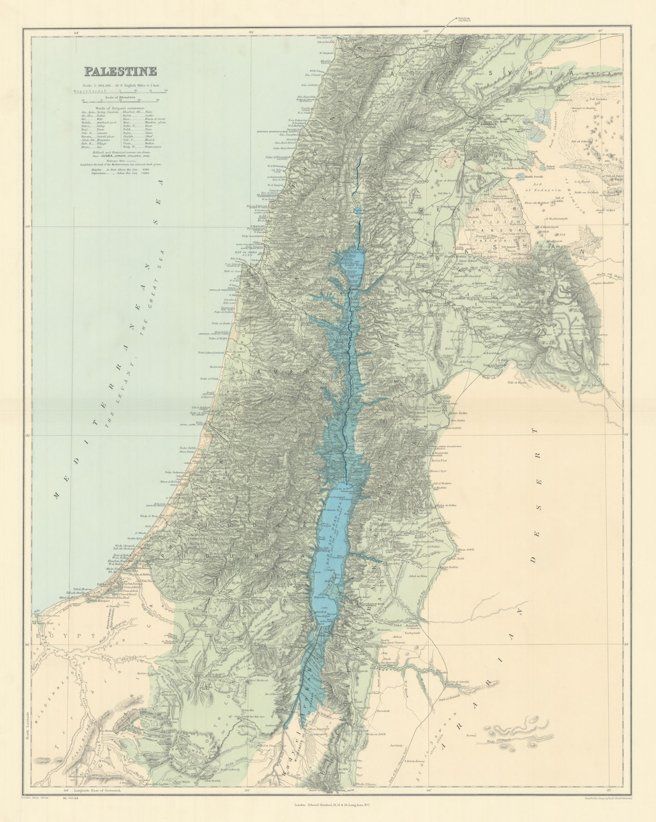 Palestine Holy Land Israel. Biblical & historical names. STANFORD 1904 old map