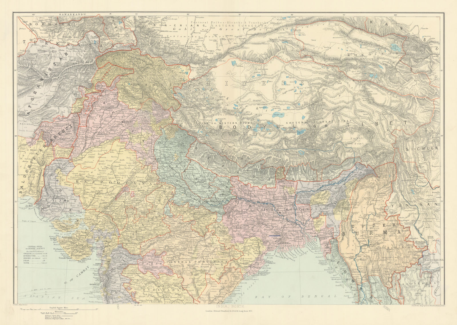 Associate Product India, North. Tibet Bodyul Himalayas Baluchistan Burma 51x72cm STANFORD 1904 map