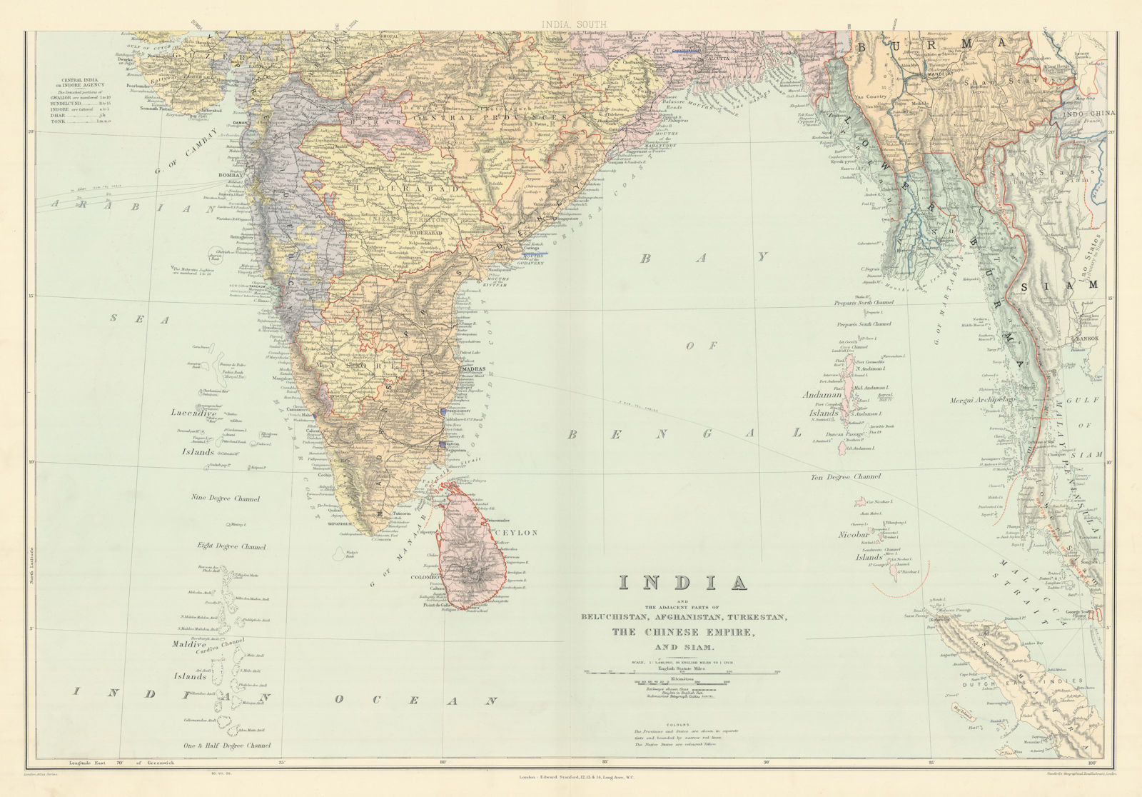 India, South. Burma Ceylon Bay of Bengal Andaman Maldives. STANFORD 1904 map