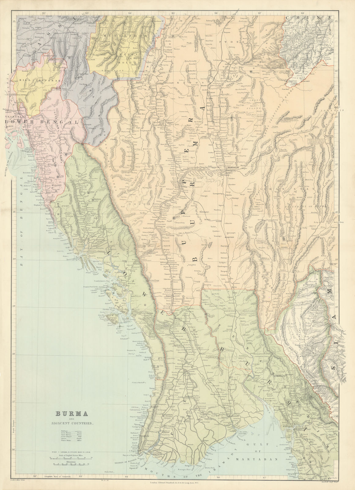 Associate Product Burma & Adjacent Countries. Myanmar Bengal Assam. 75x54cm. STANFORD 1904 map