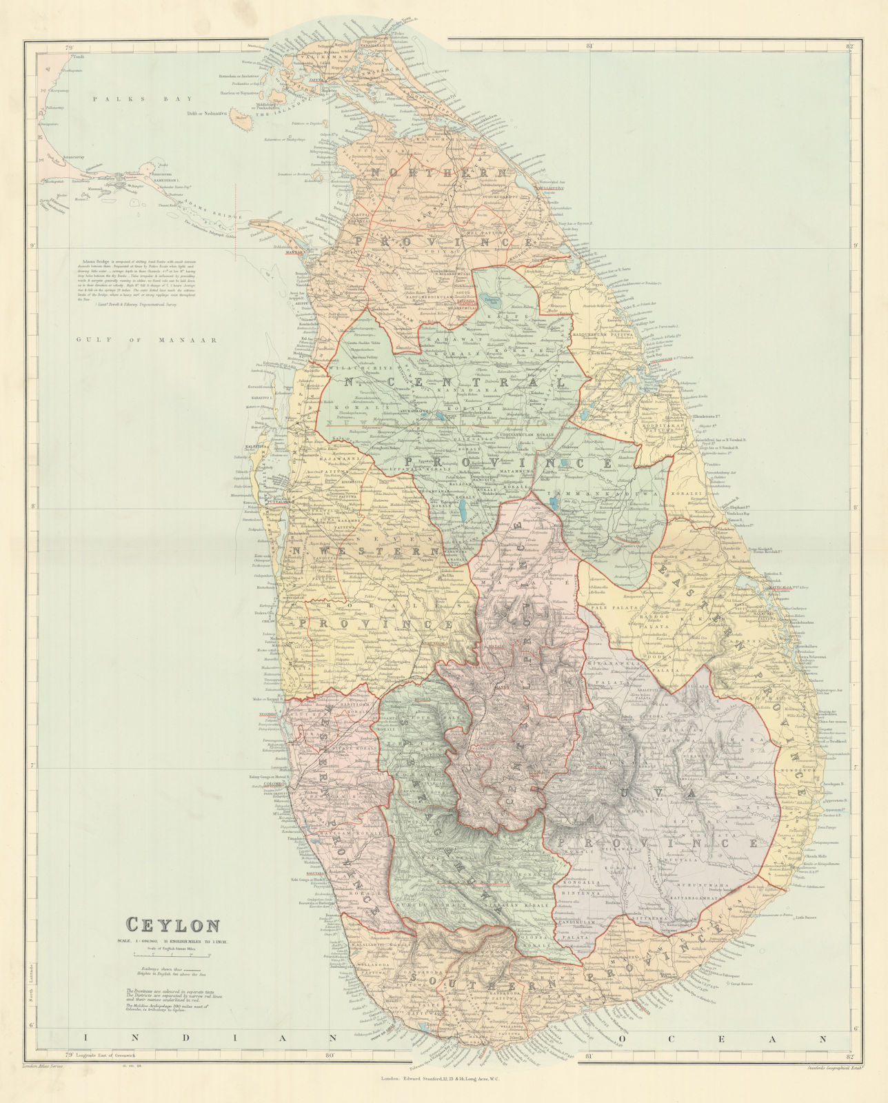 Ceylon. Sri Lanka. Provinces & railways. Large 66x53cm. STANFORD 1904 old map