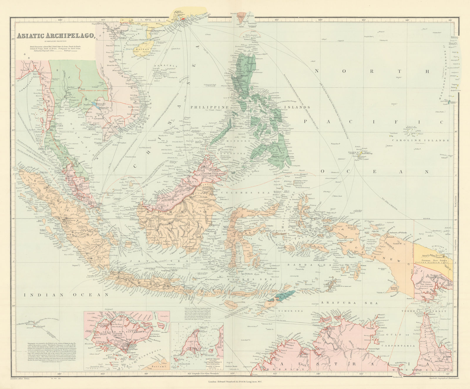 Asiatic Archipelago. Indonesia Philippines Singapore. 53x64cm. STANFORD 1904 map