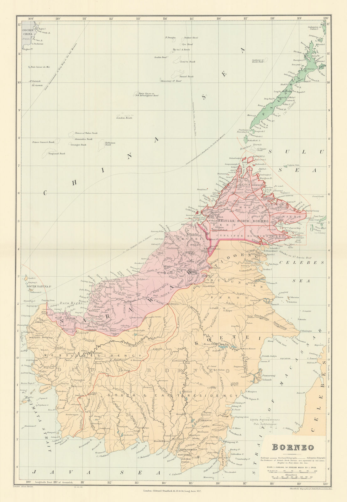 Dutch & British North Borneo Sarawak Kalimantan Palawan. STANFORD 1904 old map