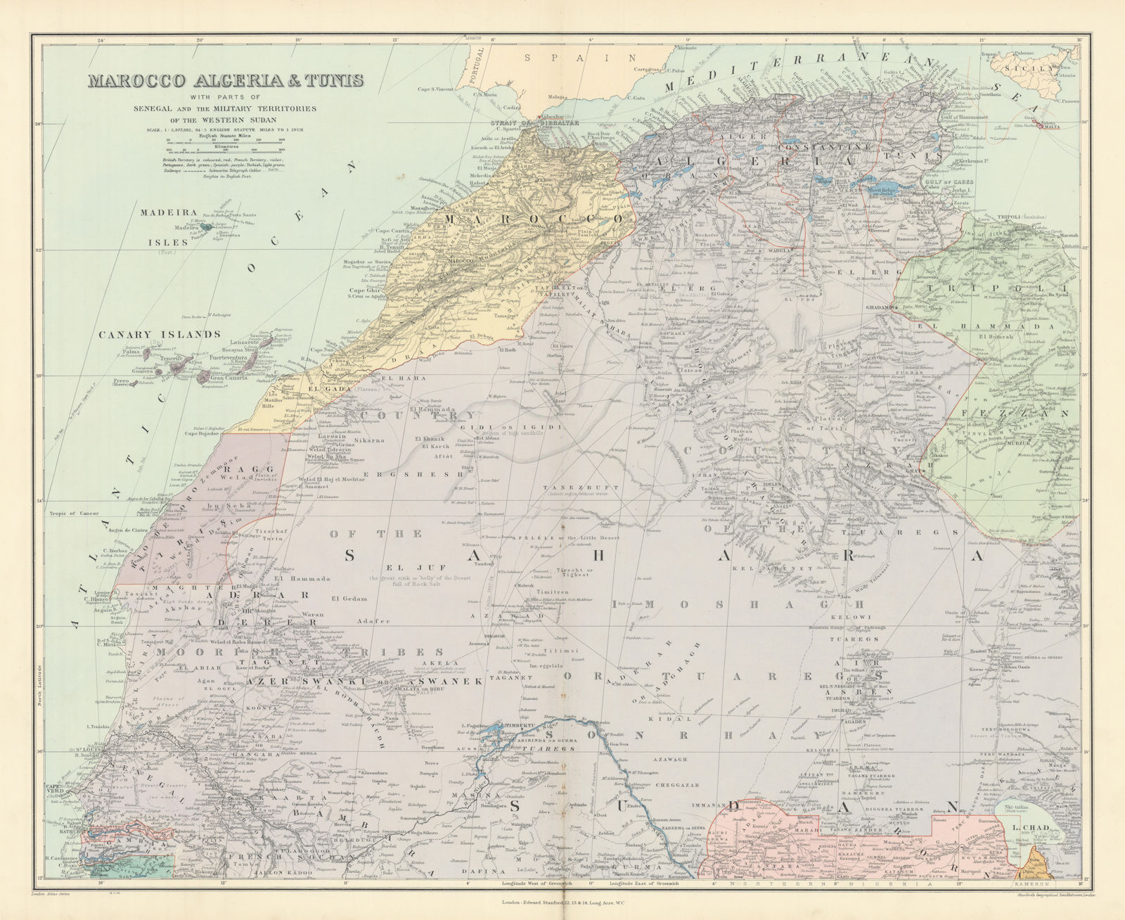 Northwest Africa. Morocco Sahara Rio do Oro Ain Sefra Gardaia. STANFORD 1904 map
