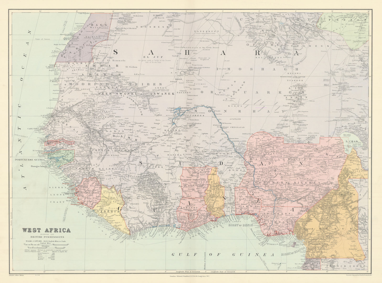 West Africa showing British Possessions. Nigeria Gold Coast. STANFORD 1904 map