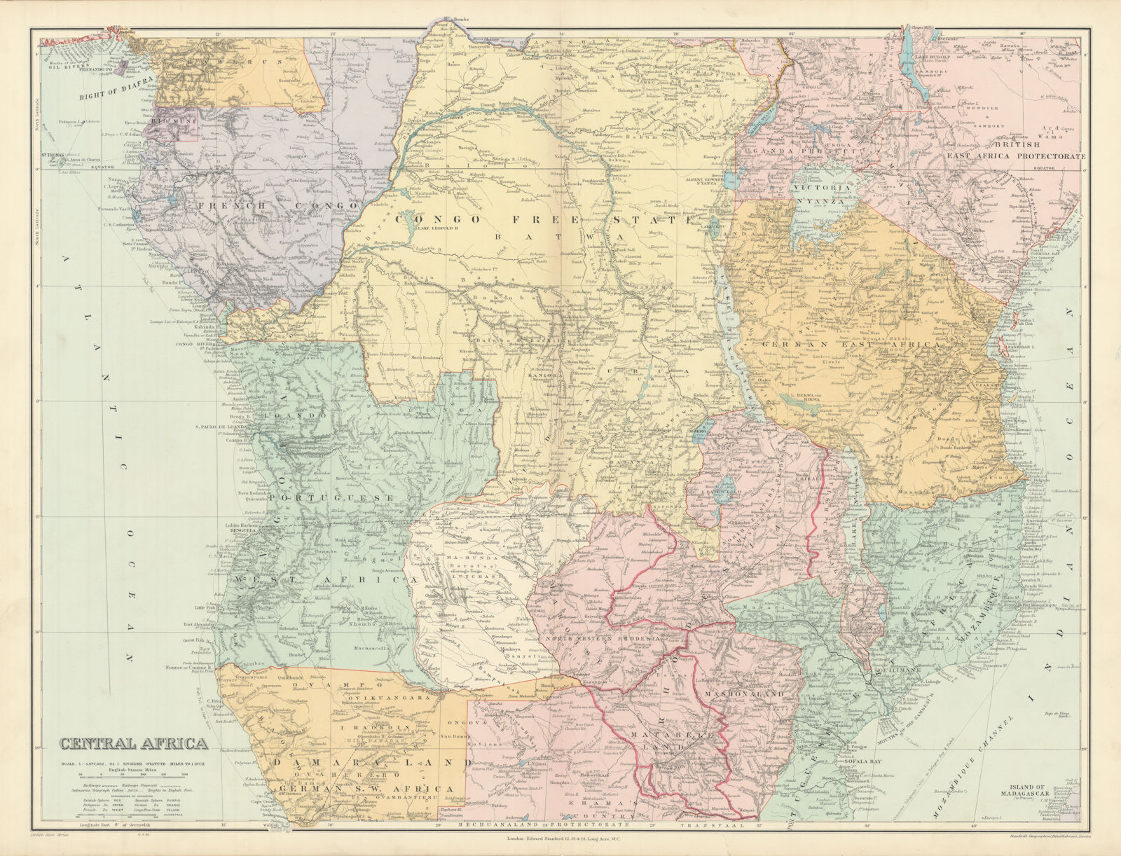 Associate Product Central Africa. Congo Free State Rhodesia German East Africa. STANFORD 1904 map