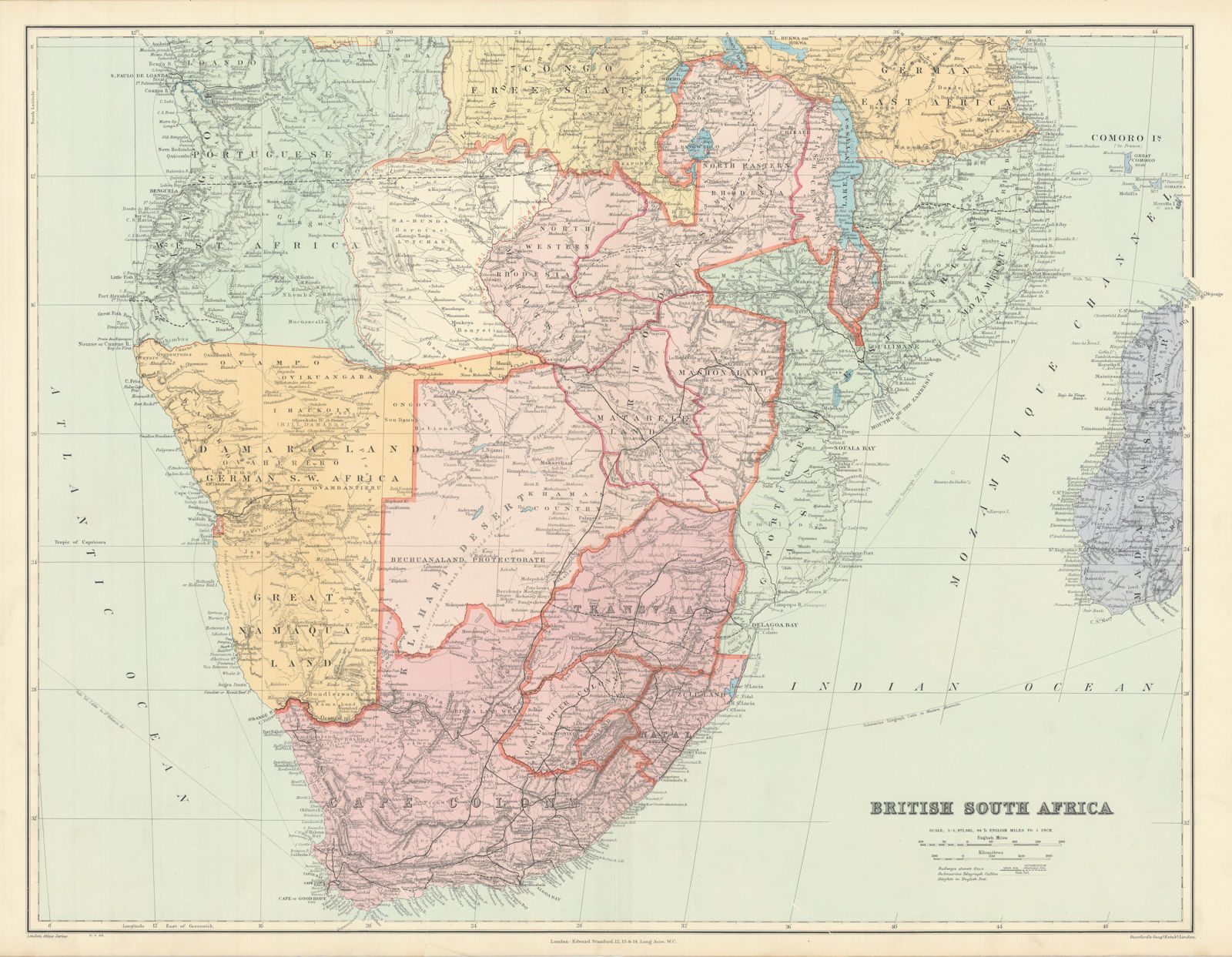 British Southern Africa. Rhodesia Bechuanaland Botswana Zambia STANFORD 1904 map
