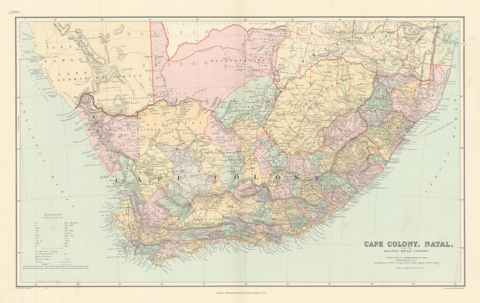 Cape Colony, Natal & Orange River Colony. South Africa 44x70cm STANFORD 1904 map