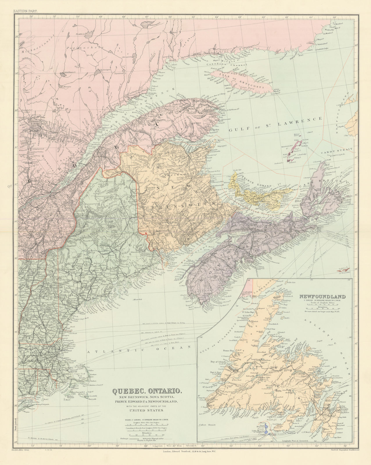 Associate Product Canada Maritime Provinces. Quebec New Brunswick Maine PEI. STANFORD 1904 map
