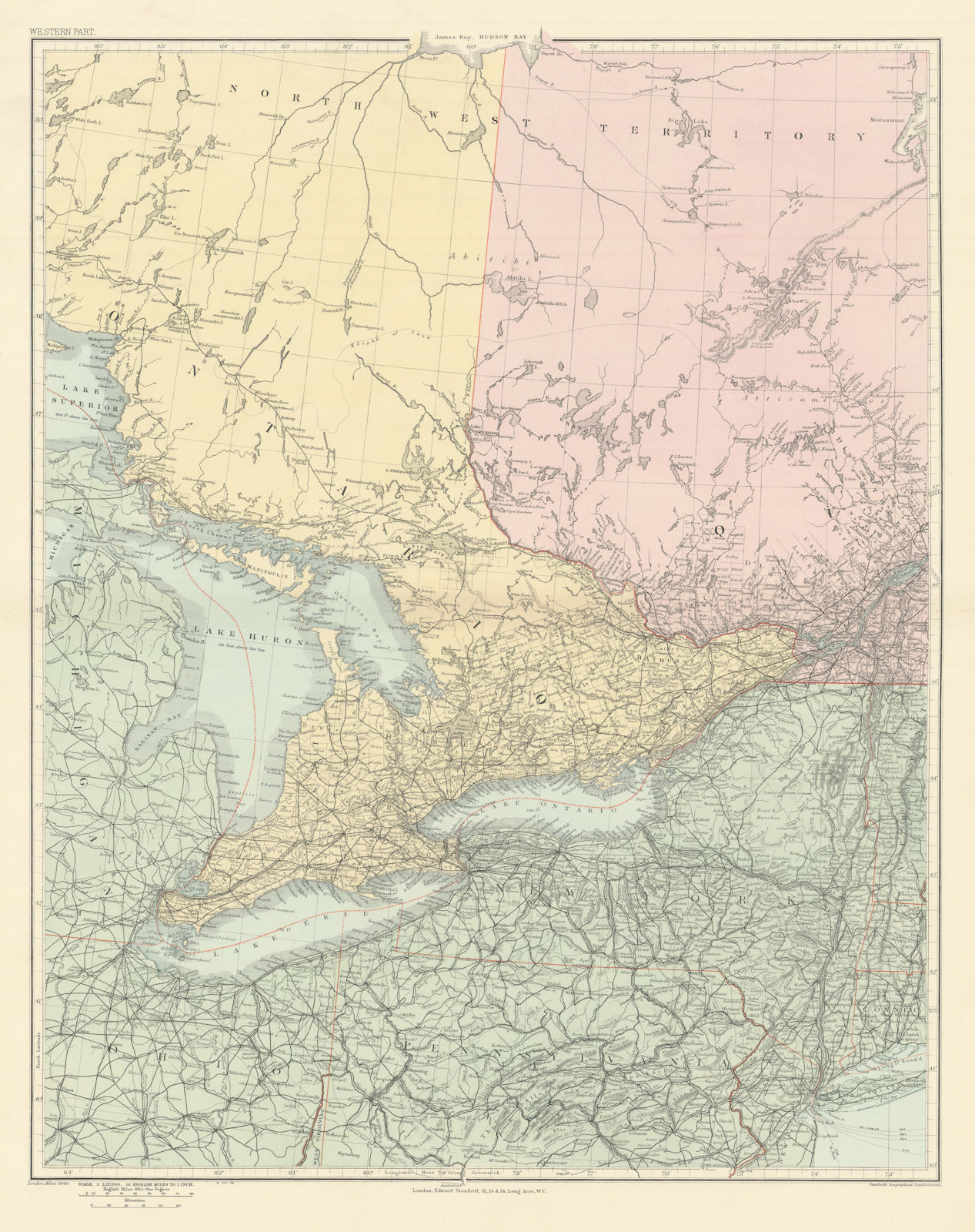 Southern Ontario. Lake Huron Erie. New York state. Great Lakes STANFORD 1904 map