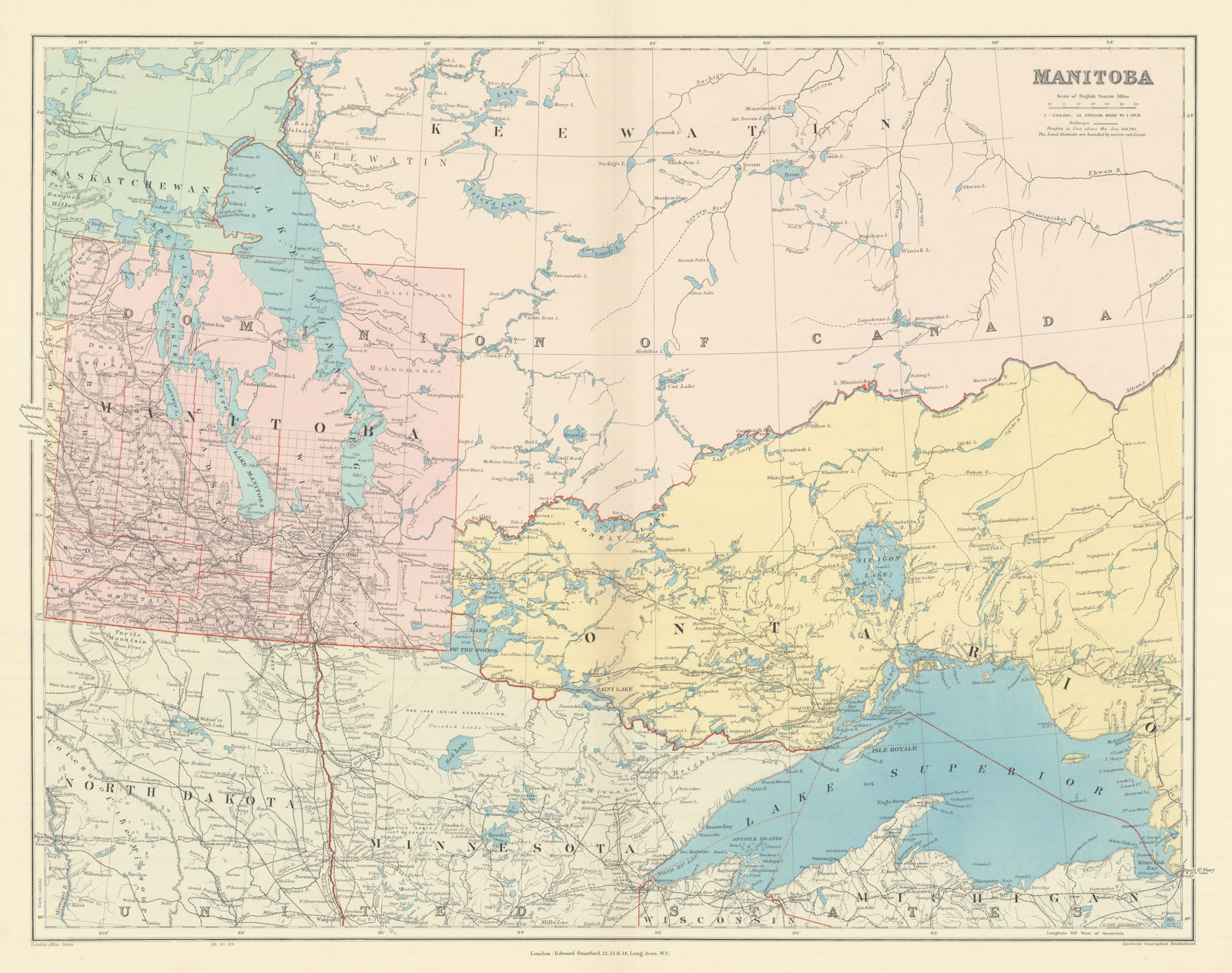Manitoba. West Ontario, Lake Superior & Winnipeg. Canada. STANFORD 1904 map
