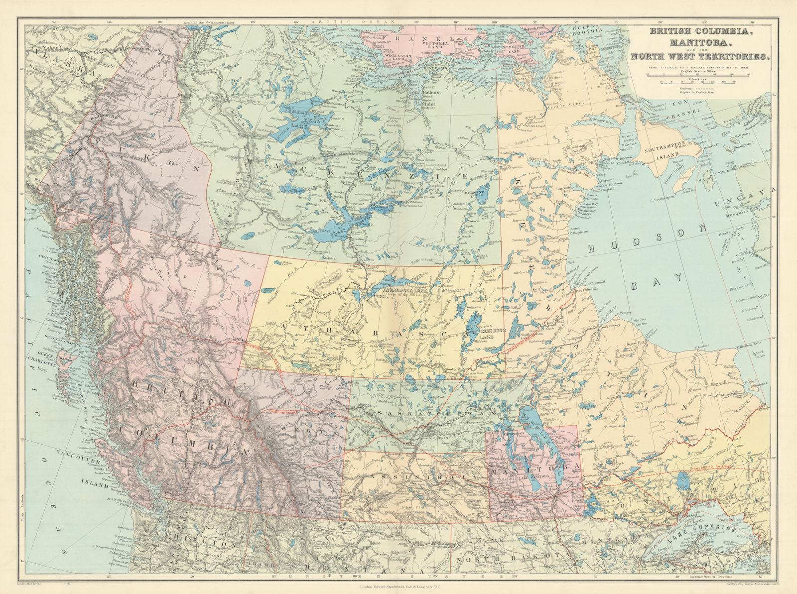 Associate Product British Columbia & Northwest Territory. Manitoba Canada. STANFORD 1904 old map
