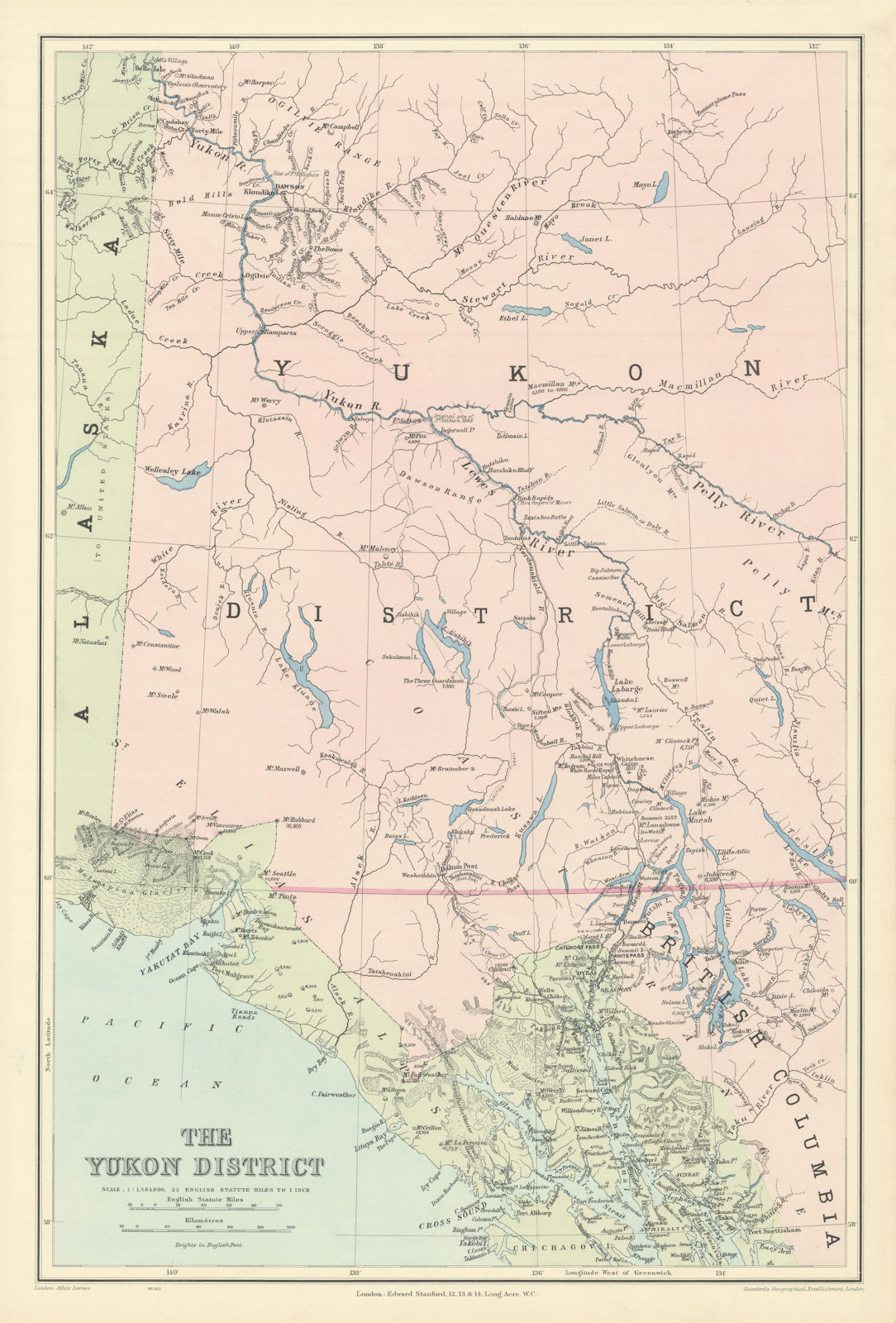 The Yukon District. SE Alaska. North British Columbia. 54x36cm STANFORD 1904 map