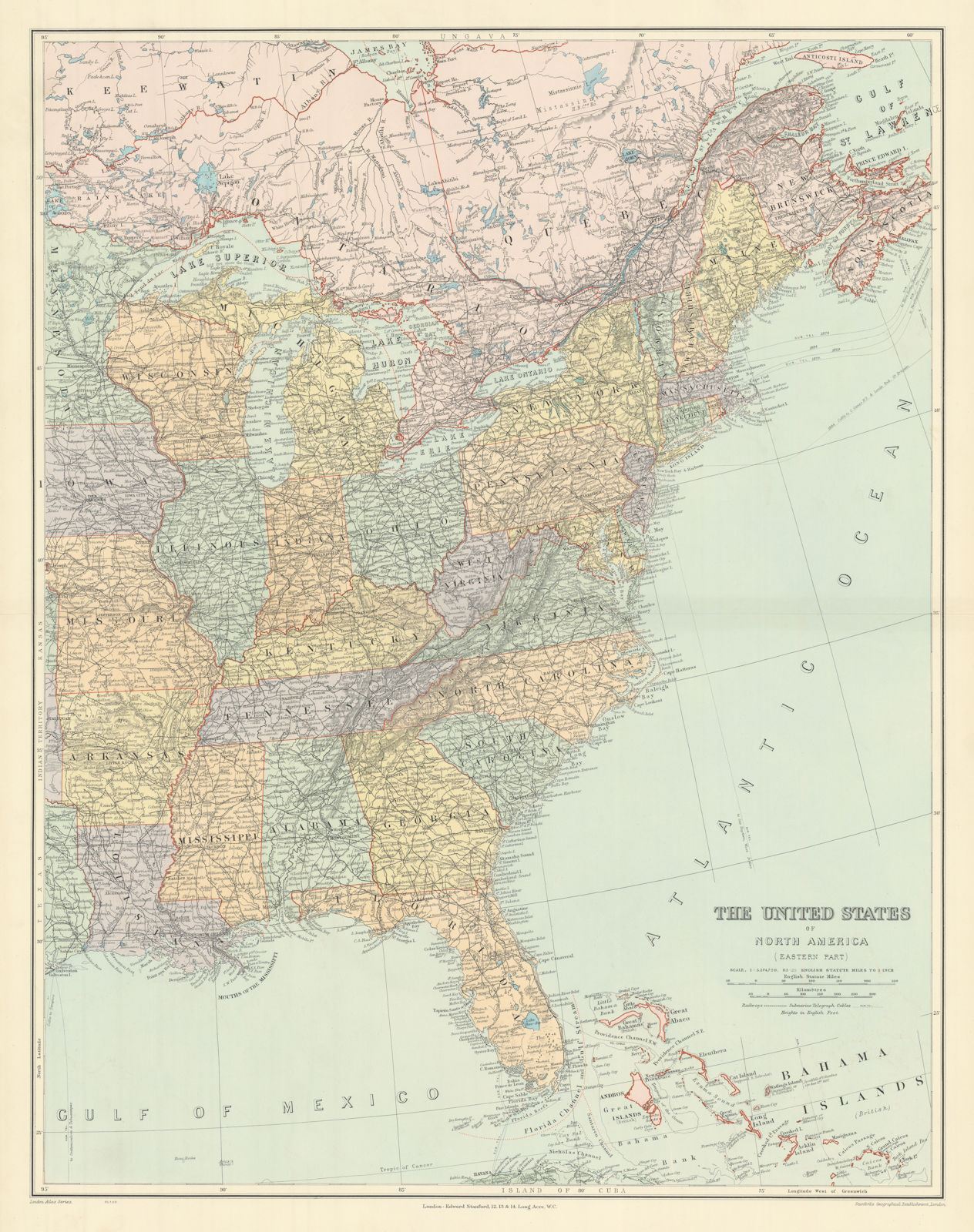 The United States of North America, Eastern part. USA. 69x54cm STANFORD 1904 map
