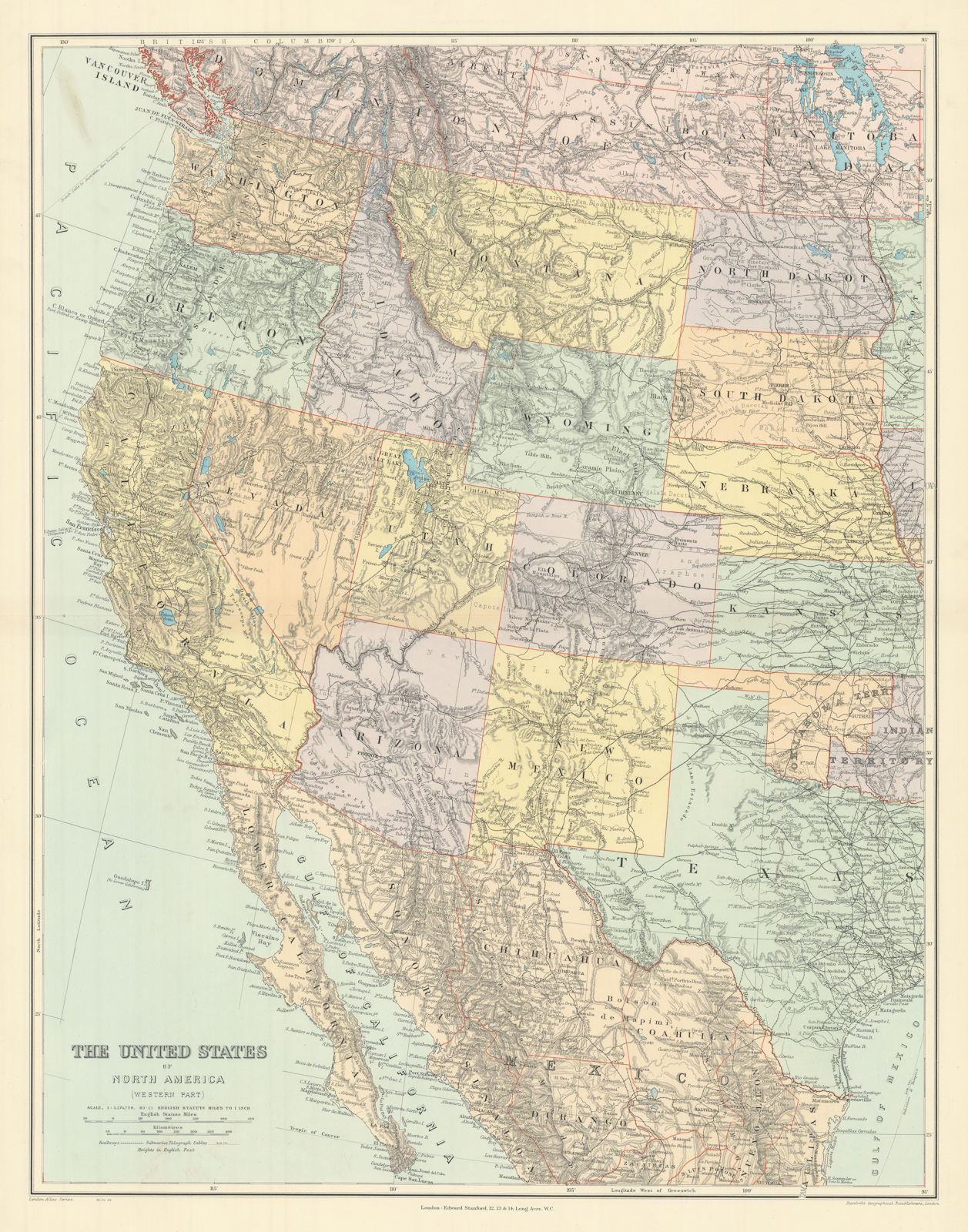 Associate Product The United States of North America, Western part. USA. 69x54cm STANFORD 1904 map