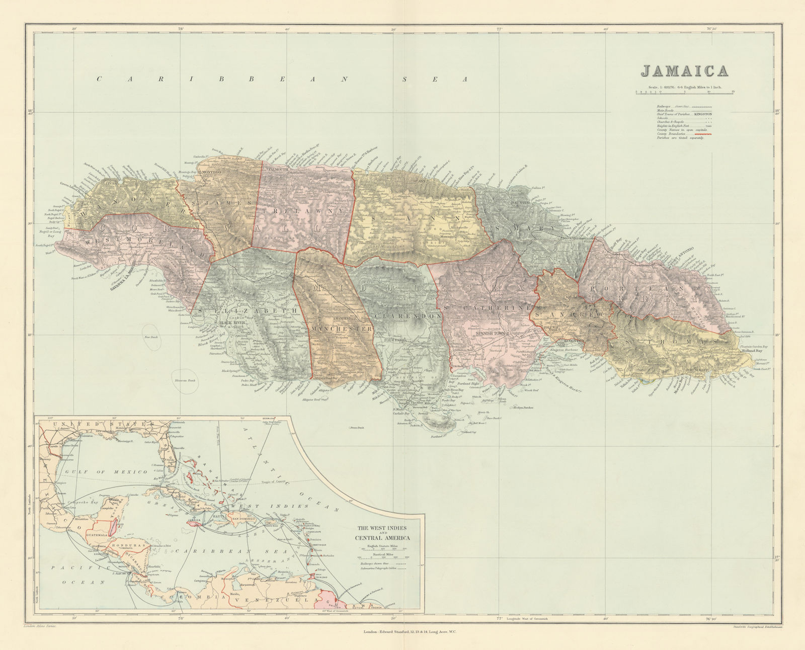Associate Product Jamaica, in parishes. West Indies telegraph cables. 51x63cm. STANFORD 1904 map