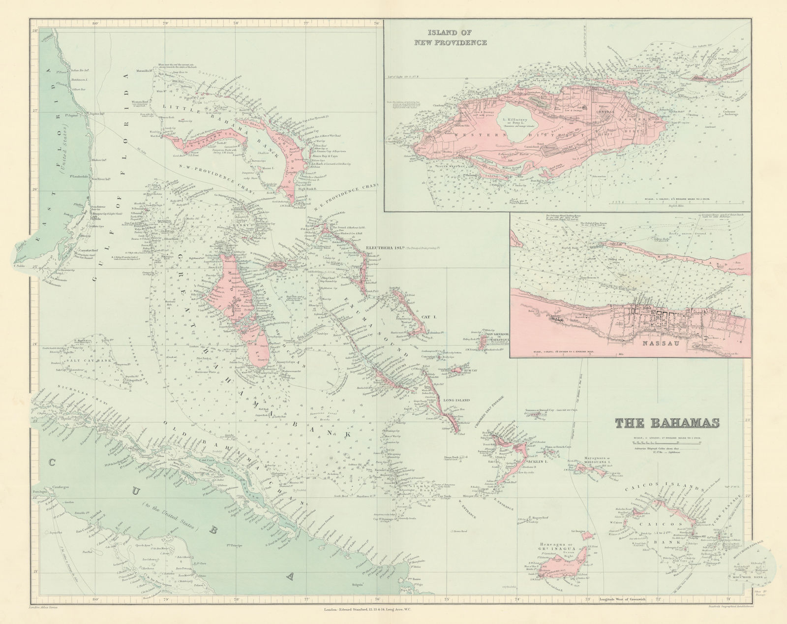 Bahamas. Turks & Caicos. New Providence. Nassau plan. 53x67cm. STANFORD 1904 map