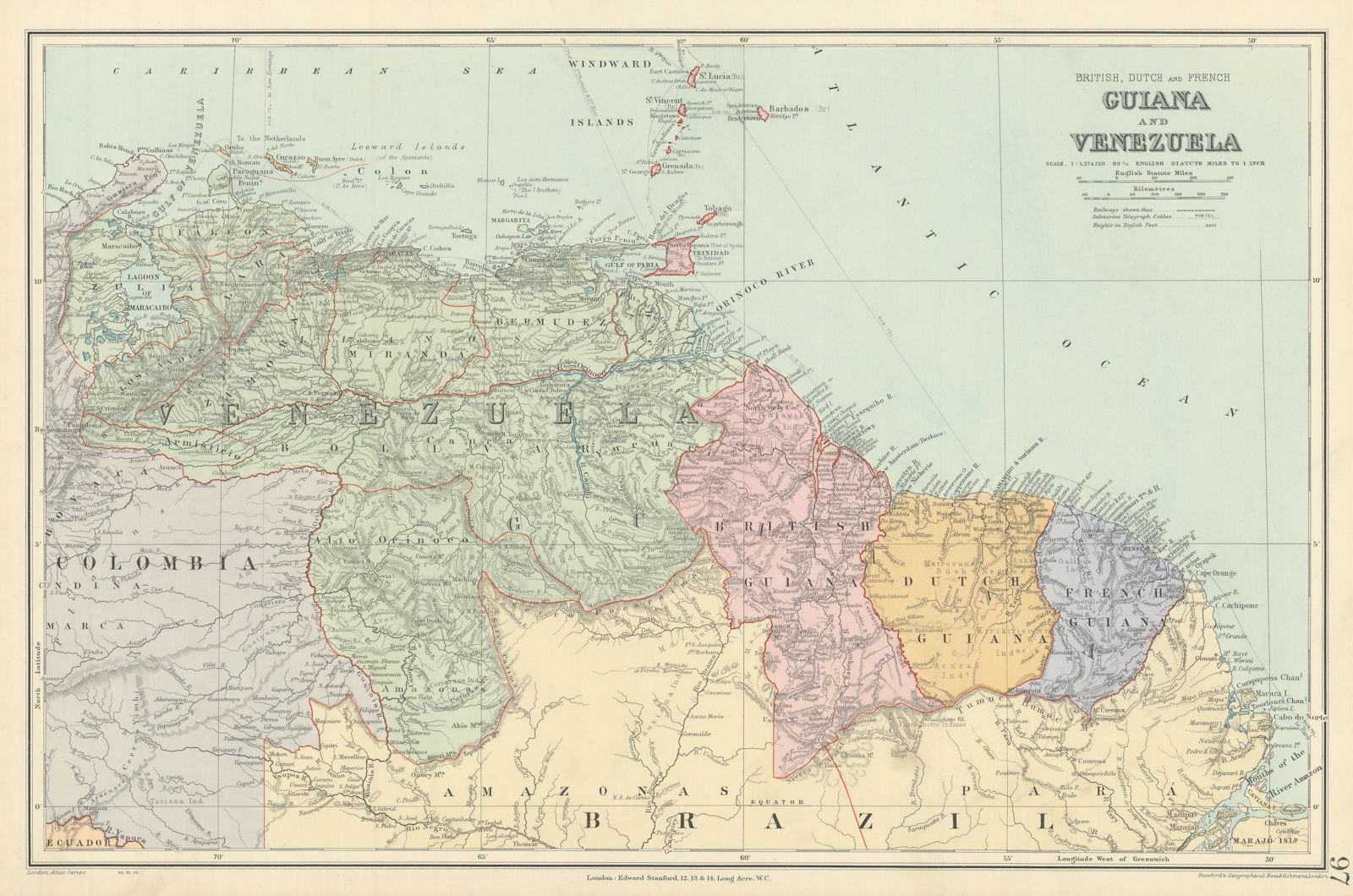 Venezuela. British, Dutch & French Guiana. Guyana. Suriname. STANFORD 1904 map