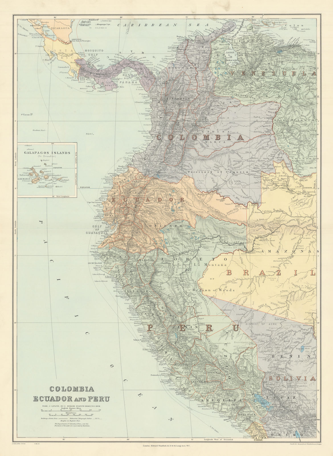 Colombia, Ecuador & Peru. Andean States. Panama canal. 71x52cm STANFORD 1904 map