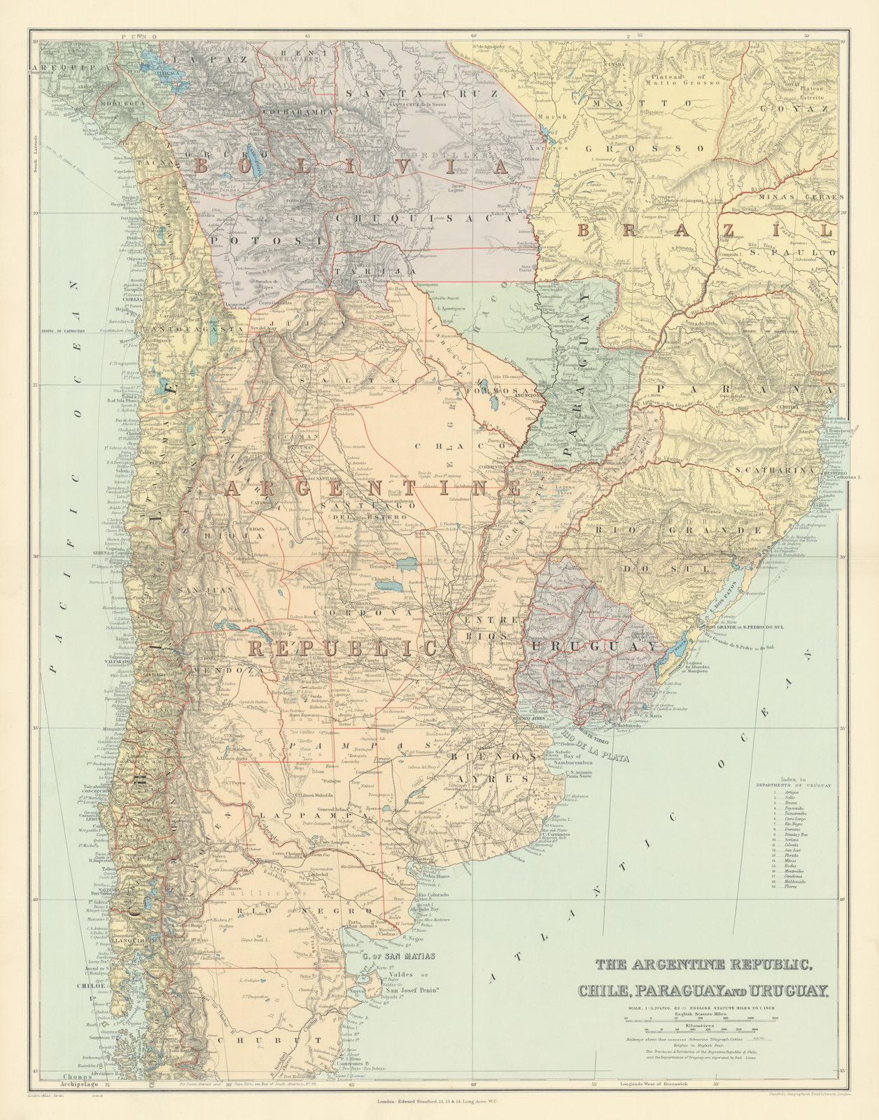 Associate Product Argentine Republic, Chile, Paraguay & Uruguay. South America. STANFORD 1904 map
