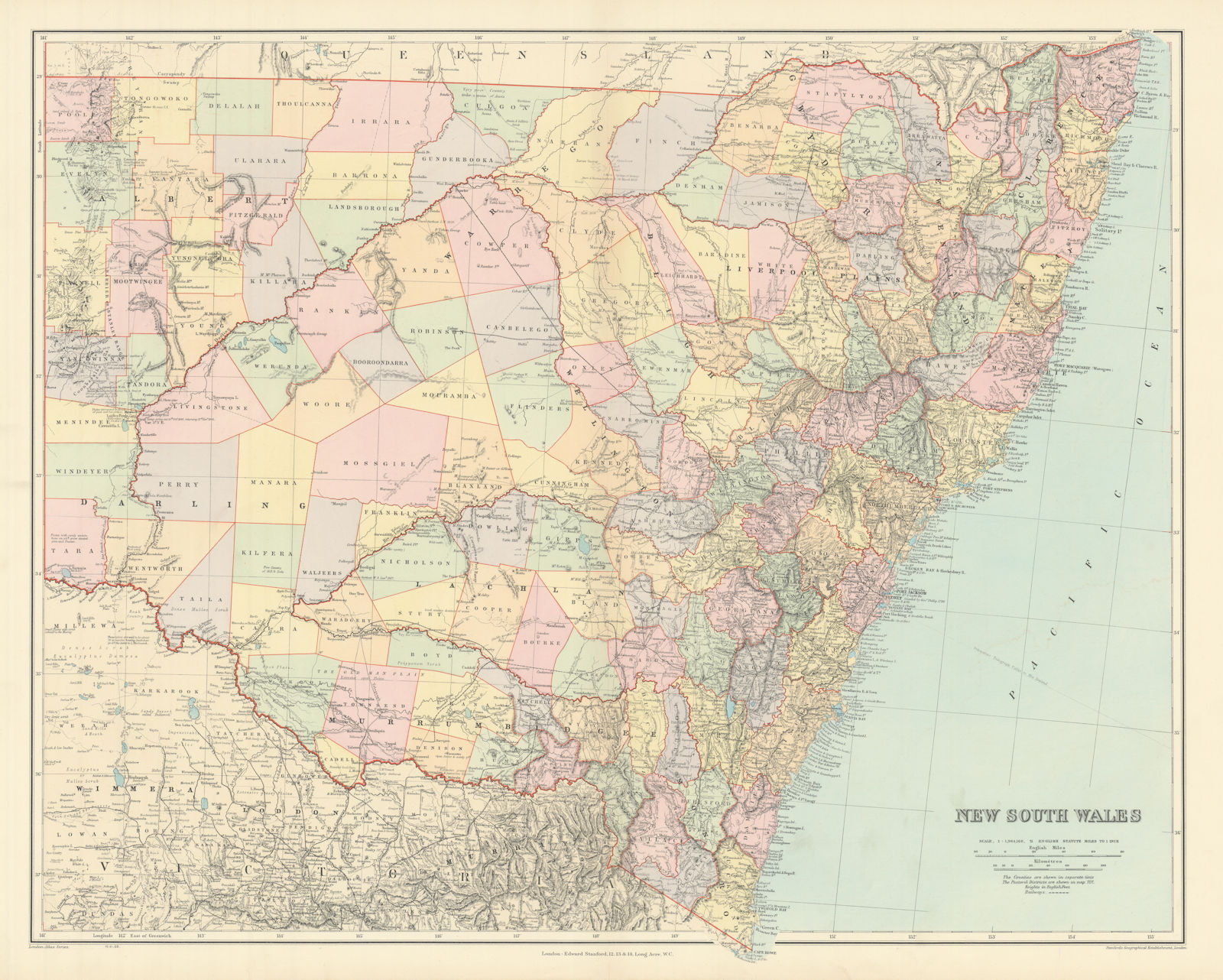 New South Wales showing counties & railways. 53x65cm. STANFORD 1904 old map