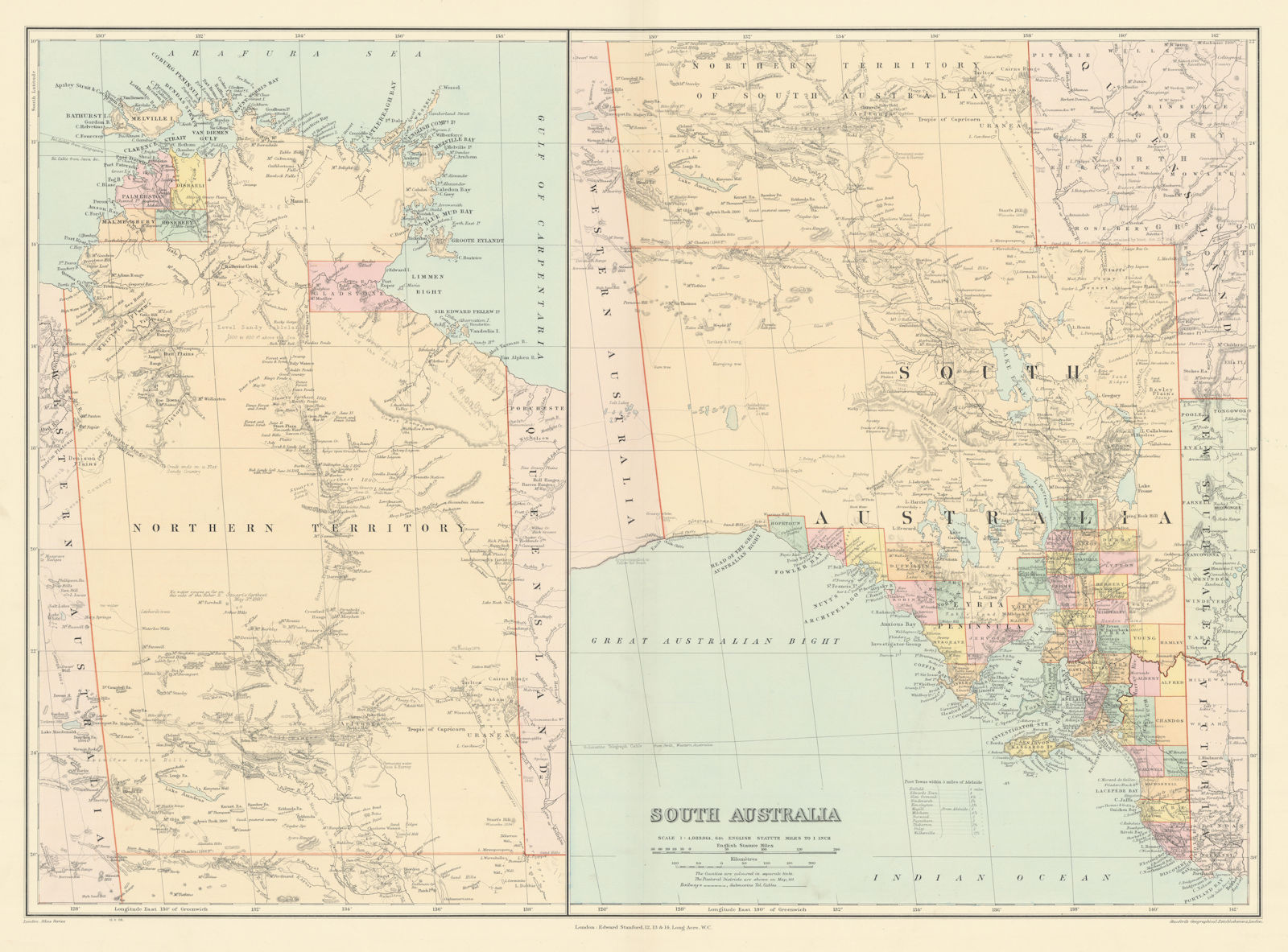 South Australia & Northern Territory. Explorers' routes. Large STANFORD 1904 map