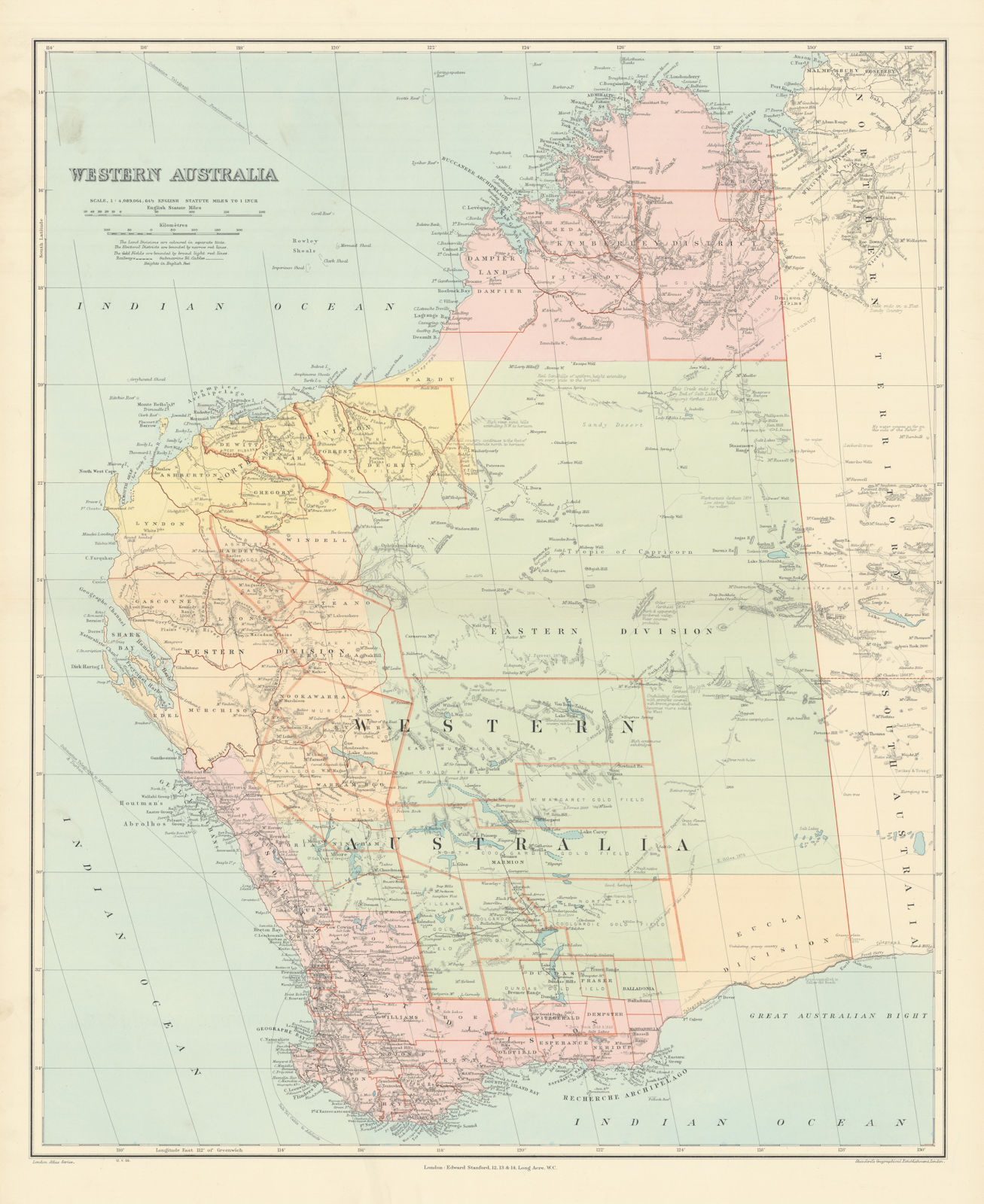 Associate Product Western Australia. Districts. Explorers' routes. Large 66x55cm STANFORD 1904 map