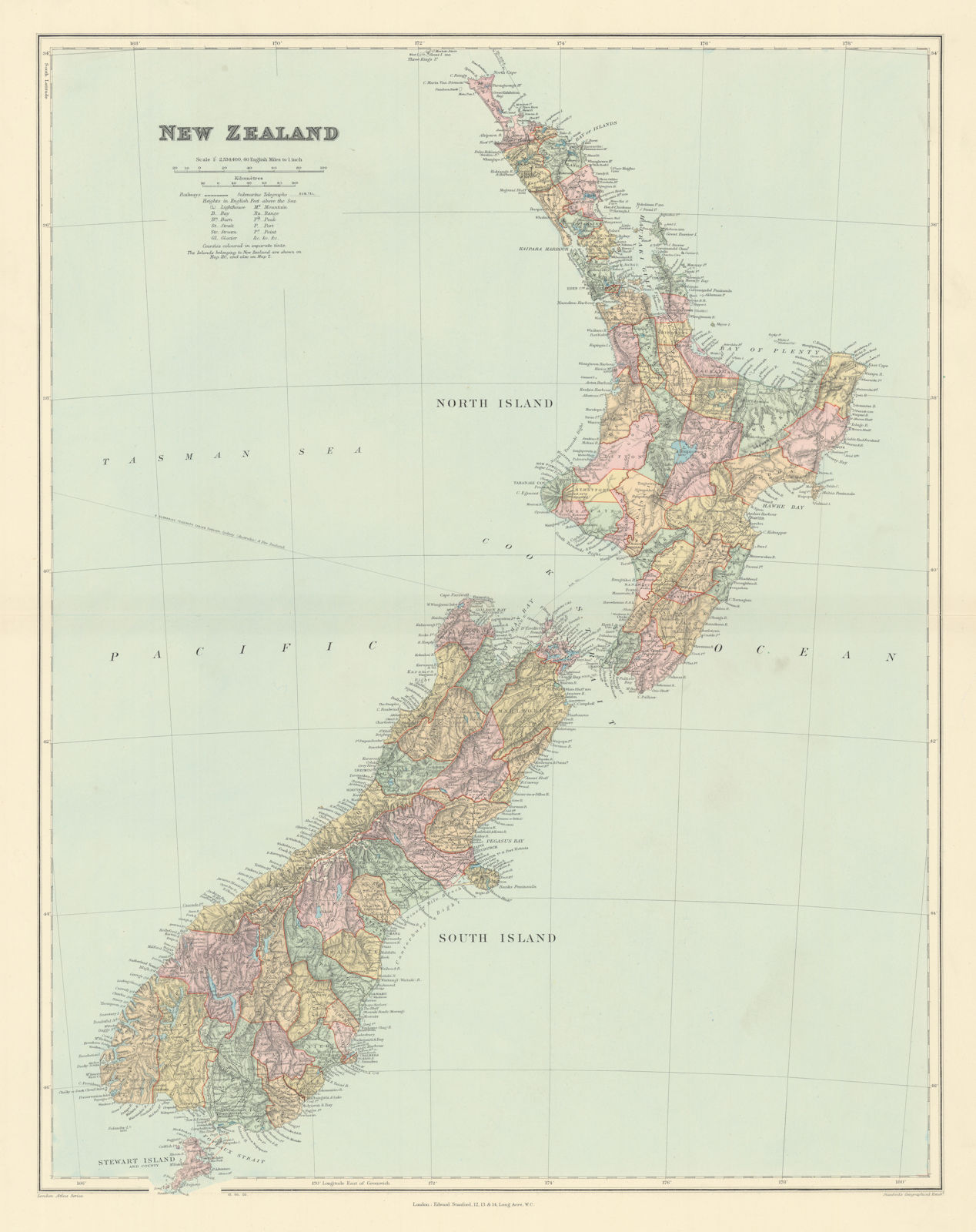 New Zealand. Counties. Railways. Large 64x50cm. STANFORD 1904 old antique map