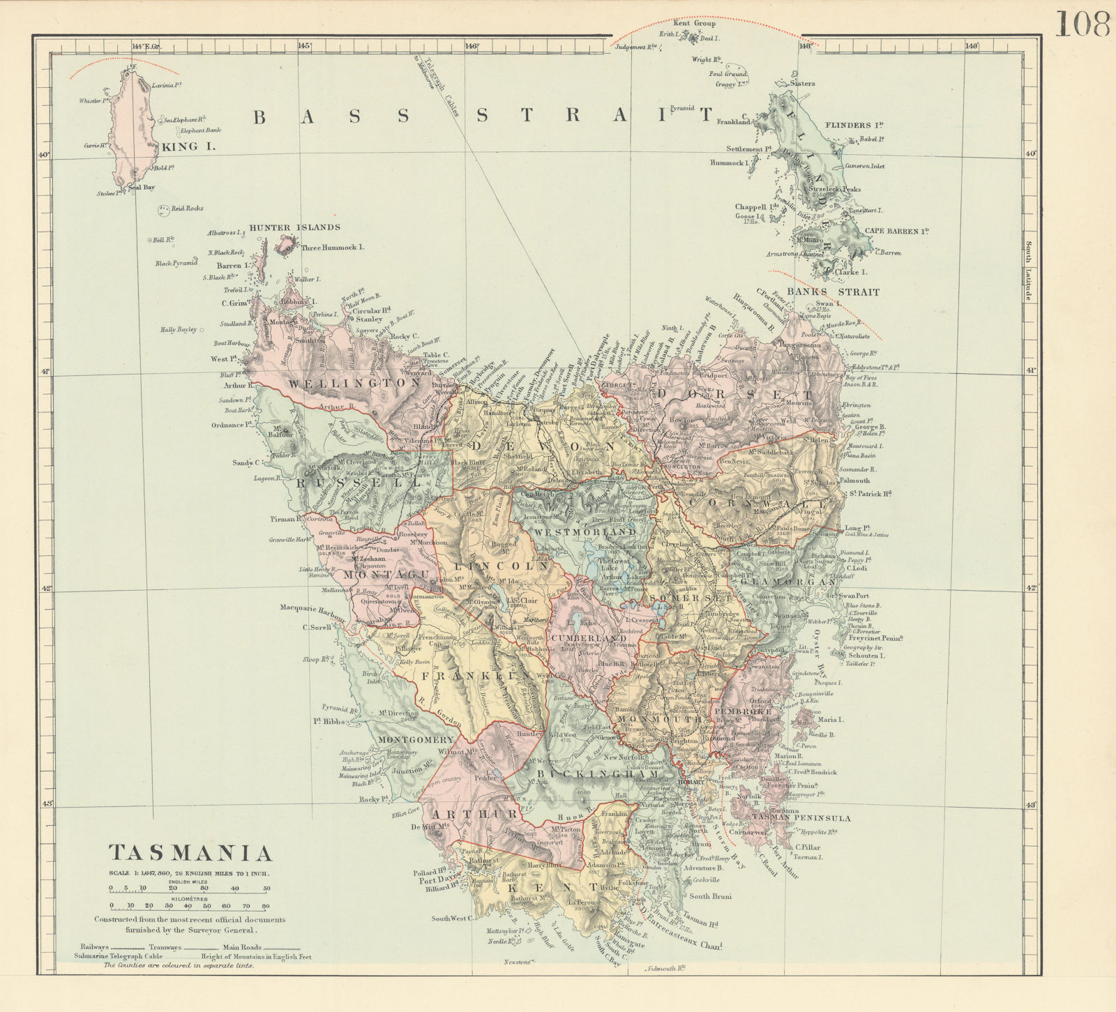Tasmania in counties. STANFORD 1904 old antique vintage map plan chart