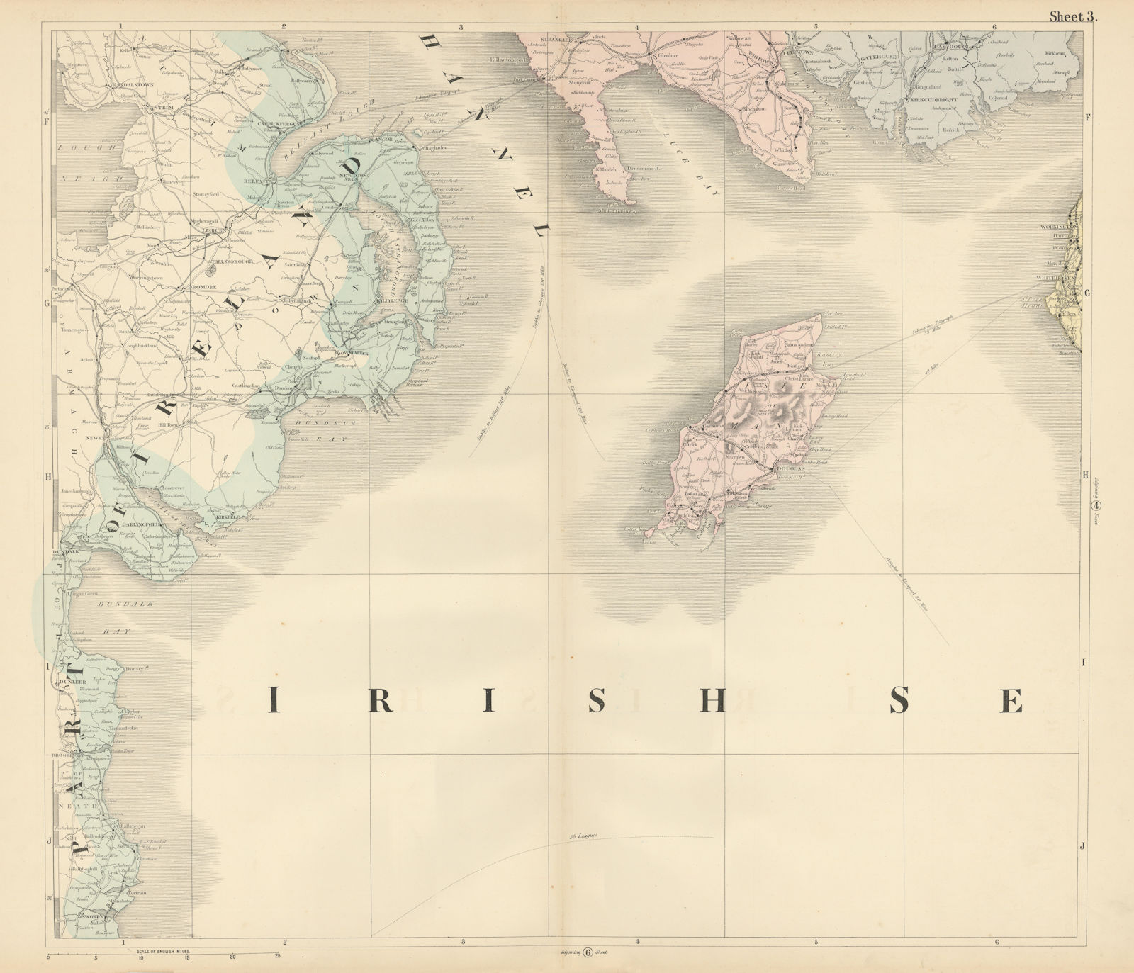 North Irish Sea. Isle of Man Whitehaven Belfast Down Wigtownshire BACON 1883 map