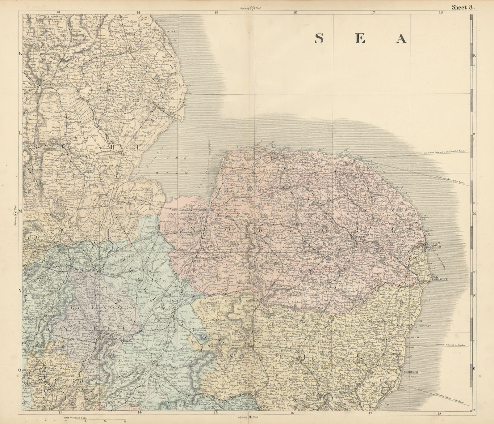 England East. Fens East Anglia Wash Lincs Norfolk Cambridgeshire. BACON 1883 map