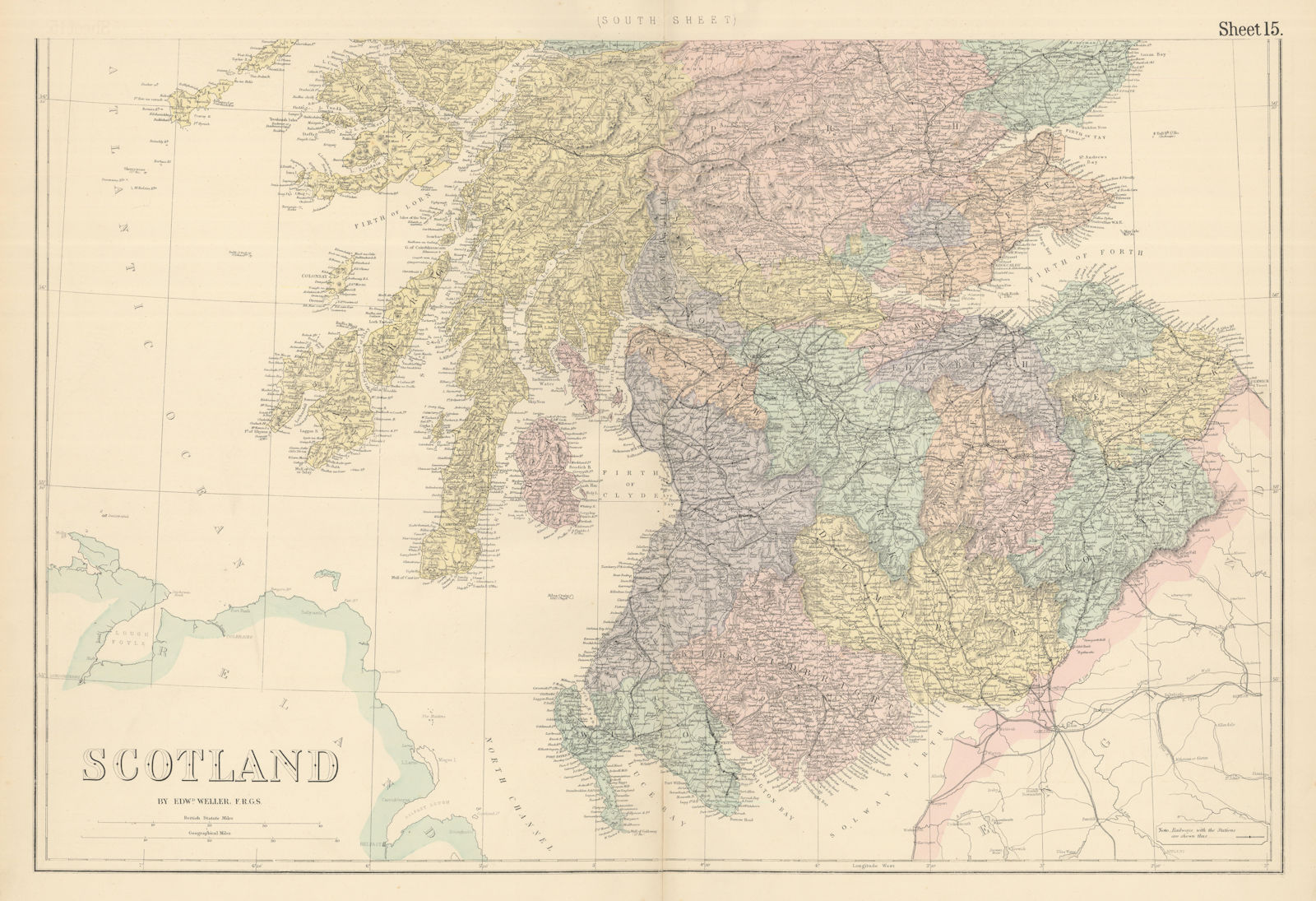 South Scotland antique map. Borders Lothian Strathclyde Argyll. WELLER 1883