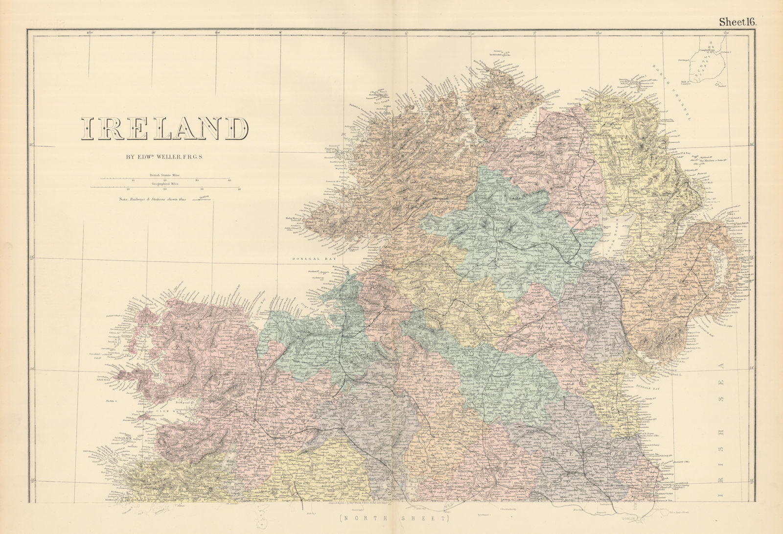 Ireland (North) antique map by Edward Weller. Ulster. Railways 1883 old