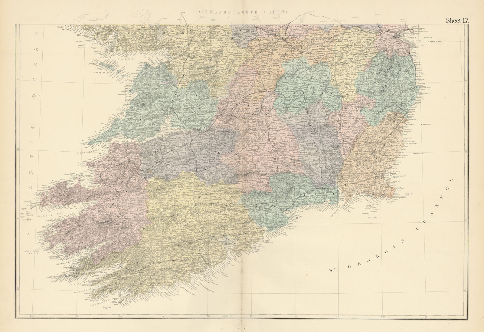 Ireland (South) antique map by Edward Weller. Munster. Railways 1883 old
