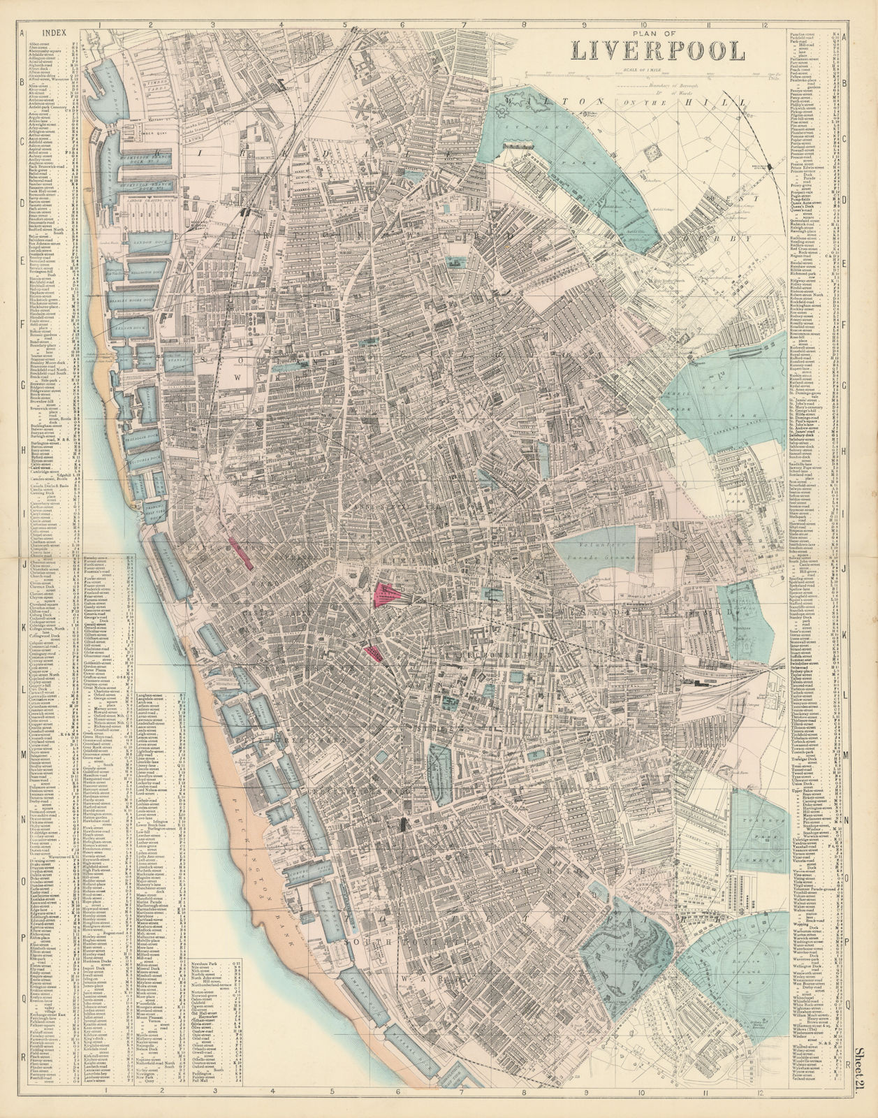 Associate Product LIVERPOOL Everton Waterfront Vauxhall Toxteth town city plan BACON 1883 map