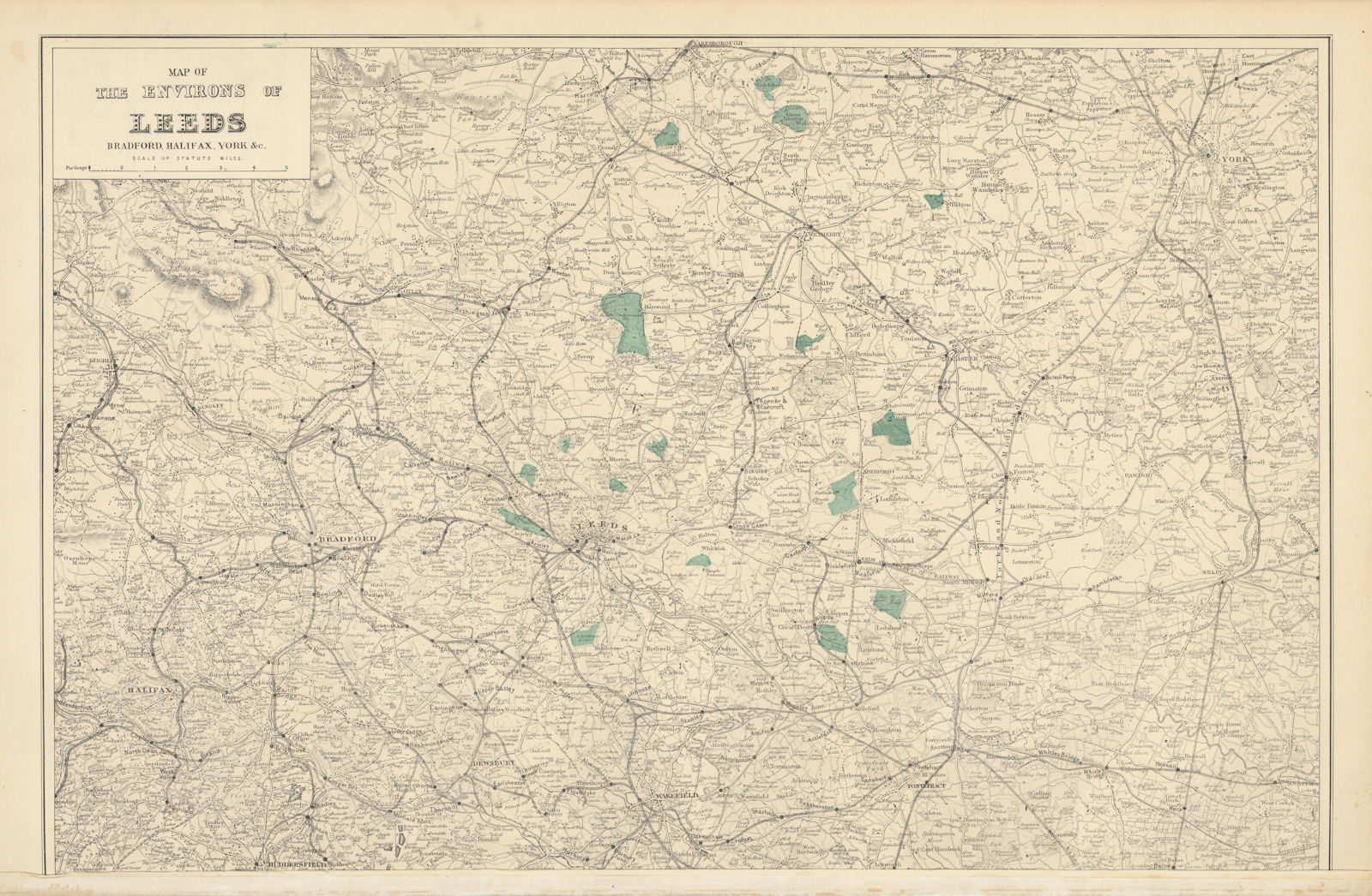 Associate Product LEEDS & environs antique map. Halifax Bradford York Wakefield. BACON 1883