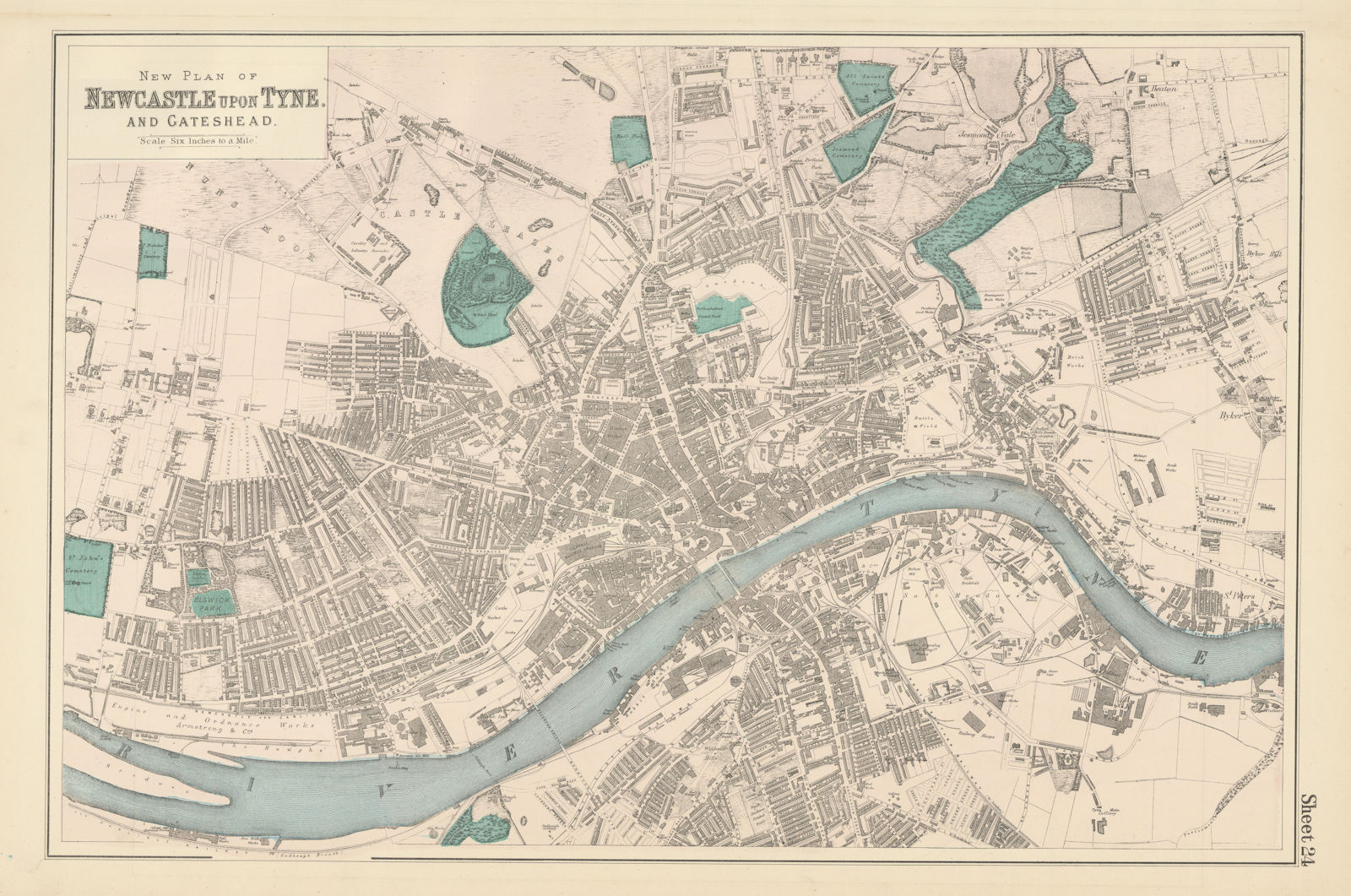 NEWCASTLE-UPON-TYNE Gateshead Elswick Byker town city plan GW BACON 1883 map