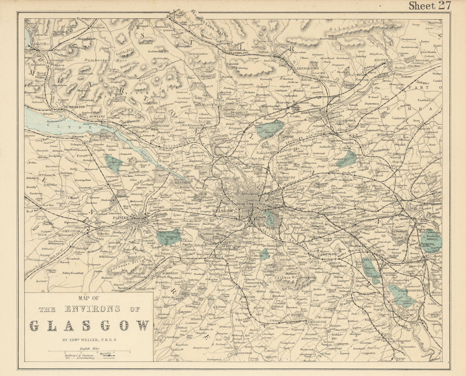 GLASGOW & environs Lanark Renfrew Paisley antique map by GW BACON 1883 old