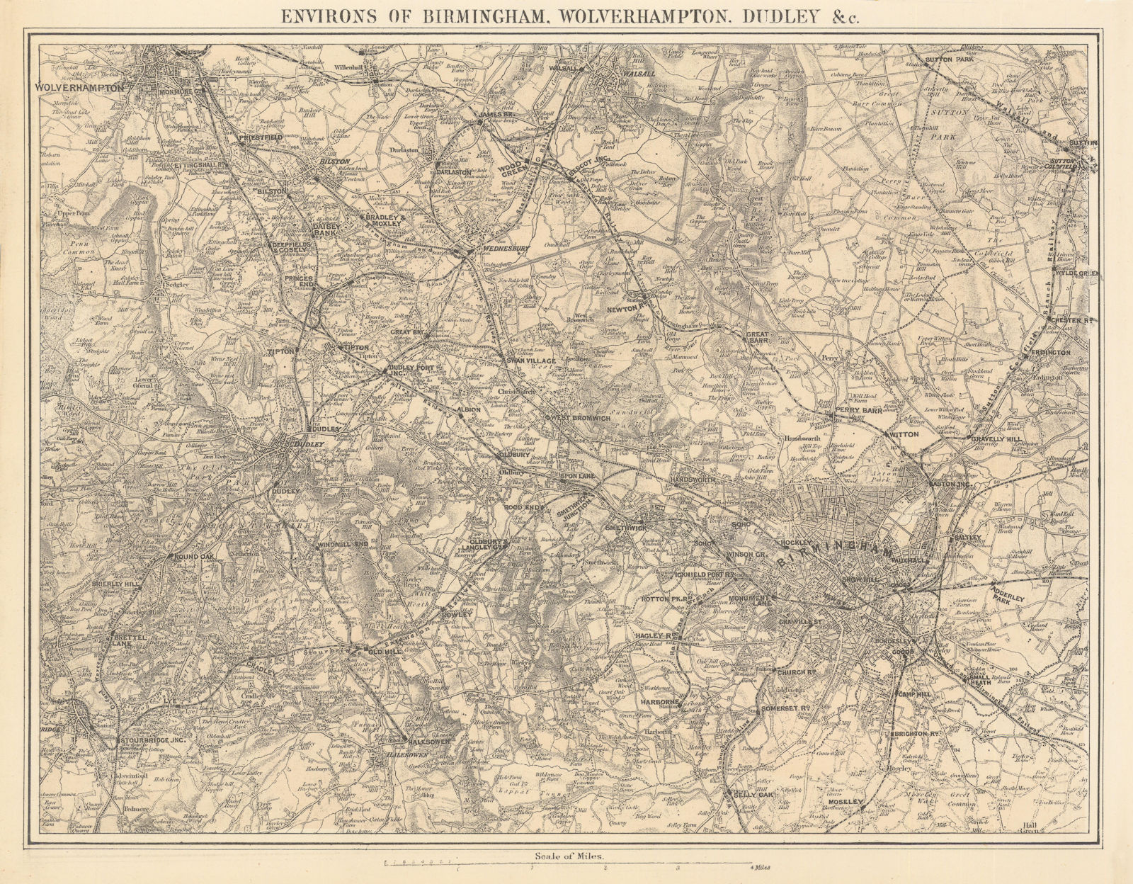 Associate Product BIRMINGHAM, WOLVERHAMPTON, DUDLEY & Black Country by GW BACON 1883 old map